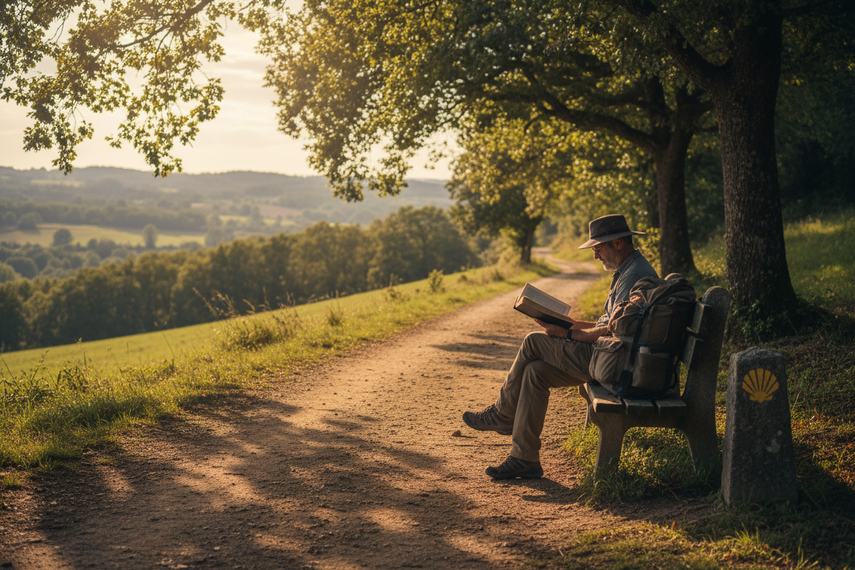 Camino de Santiago scripture verses for pilgrims — pilgrim reading Bible on the Way of St. James