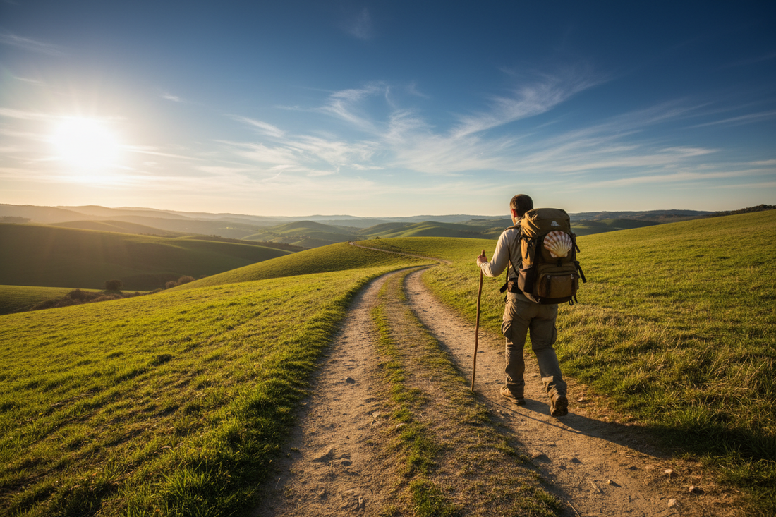 Pilgrim walking the Camino de Santiago trail — solo hiker with backpack and walking stick on the Way of St. James, Spain
