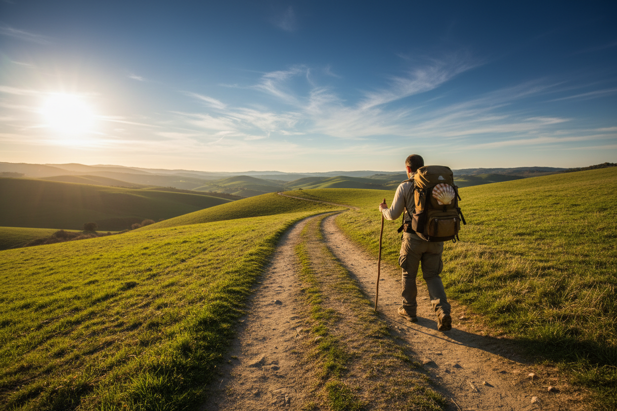 Pilgrim walking the Camino de Santiago trail — solo hiker with backpack and walking stick on the Way of St. James, Spain