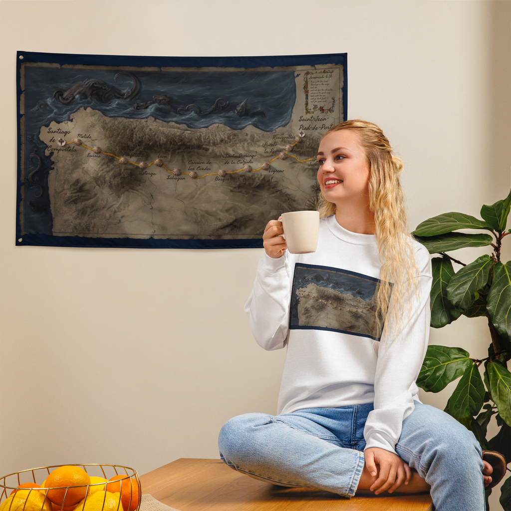 Camino de Santiago Jeremiah 6:16 scripture flag — unique pilgrim wall decor and gift