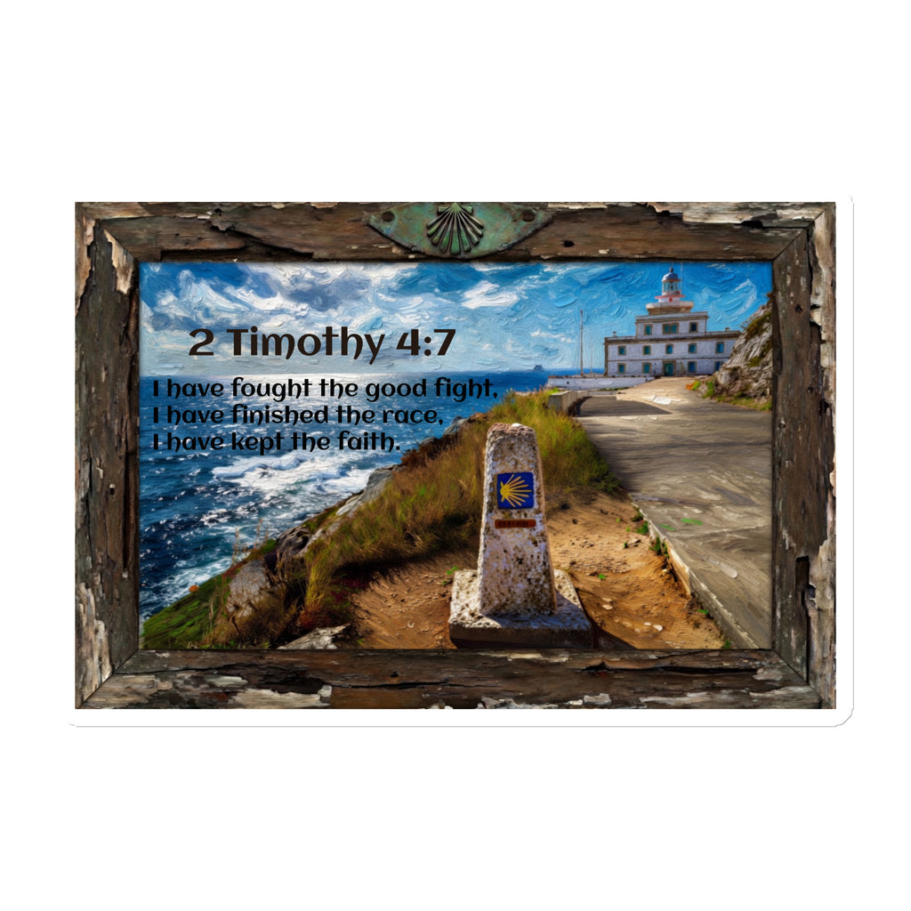 El Camino Finisterre die-cut magnet featuring 2 Timothy 4:7 — unique Camino de Santiago souvenir gif