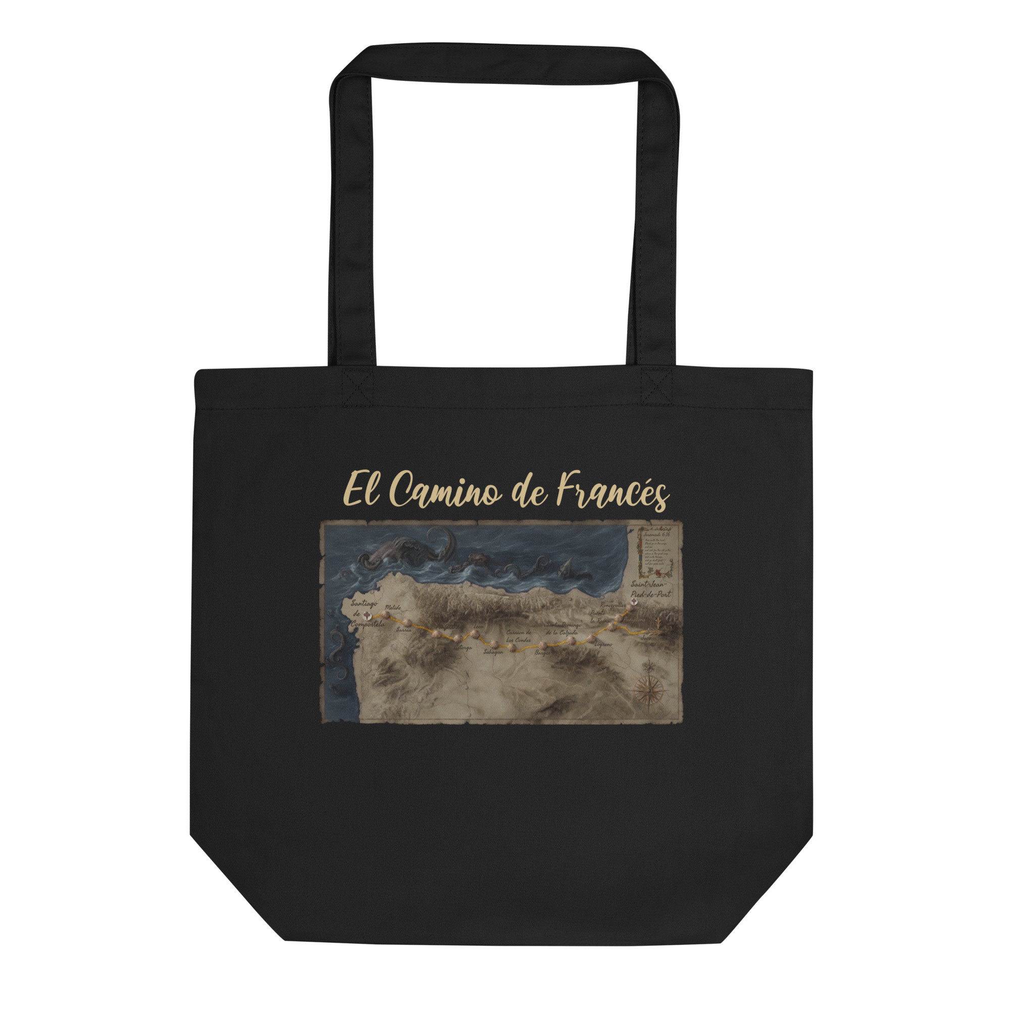 Camino de Santiago eco tote bag with Camino Francés trail map design — pilgrim gift for walkers