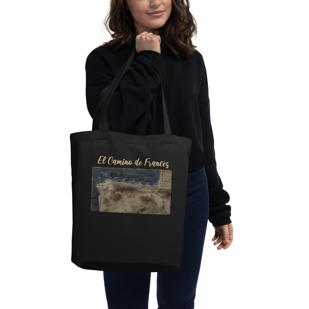 Black eco tote bag featuring El Camino Francés map — faith-inspired Camino de Santiago accessory