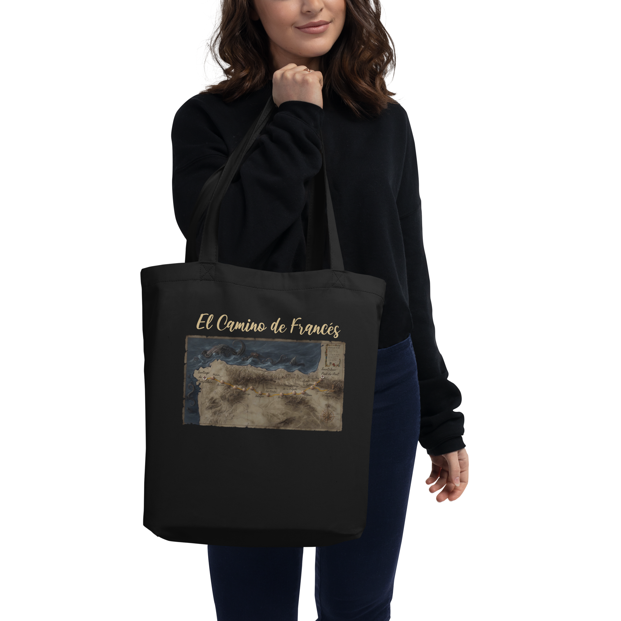 Black eco tote bag featuring El Camino Francés map — faith-inspired Camino de Santiago accessory