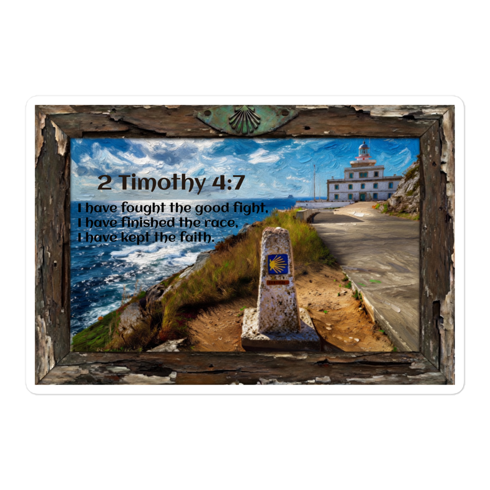 Finisterre 2 Timothy 4:7 Camino de Santiago sticker sheet — faith-inspired pilgrim decal 5.5x5.5