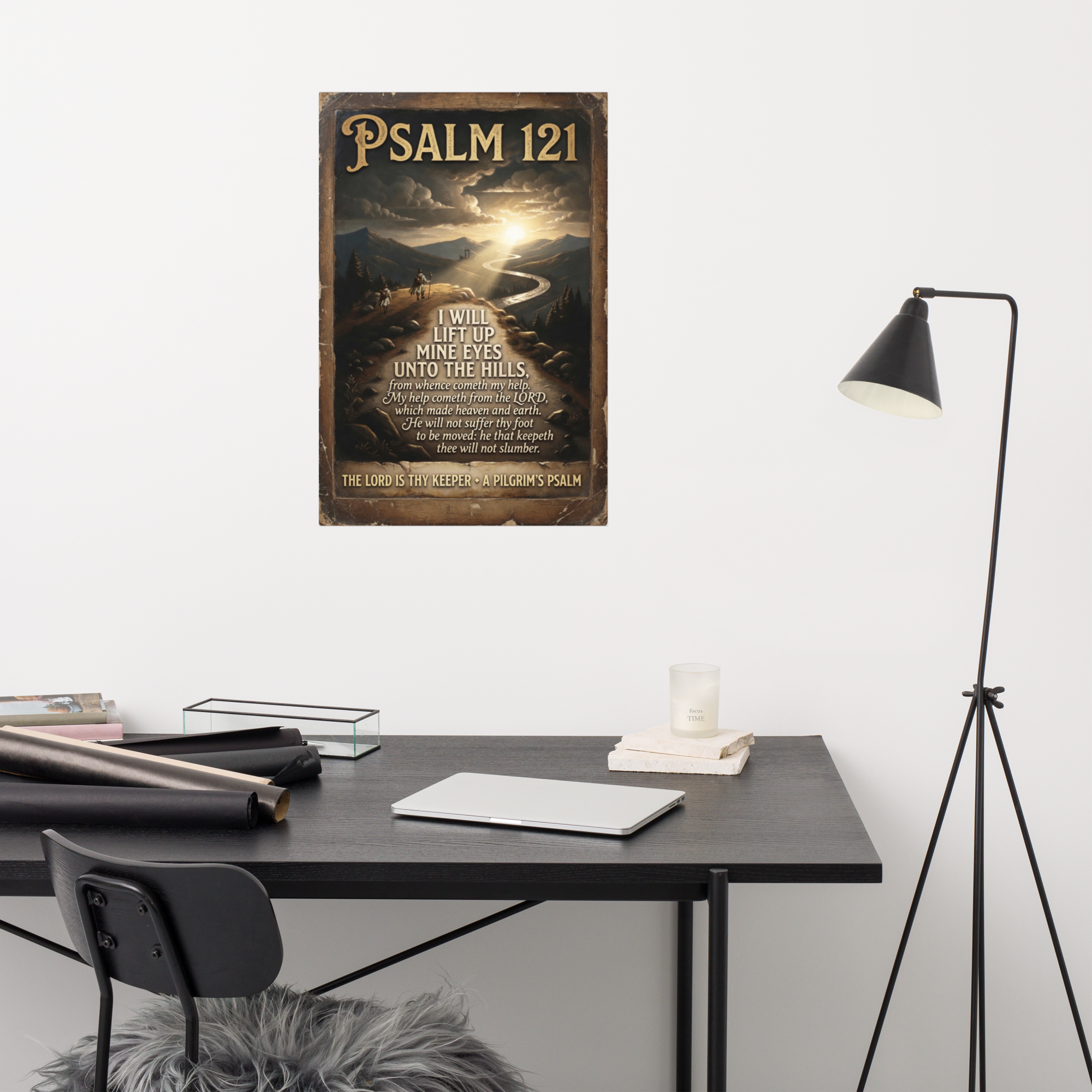 Camino de Santiago wall art poster featuring Psalm 121 scripture — faith-inspired pilgrim gift