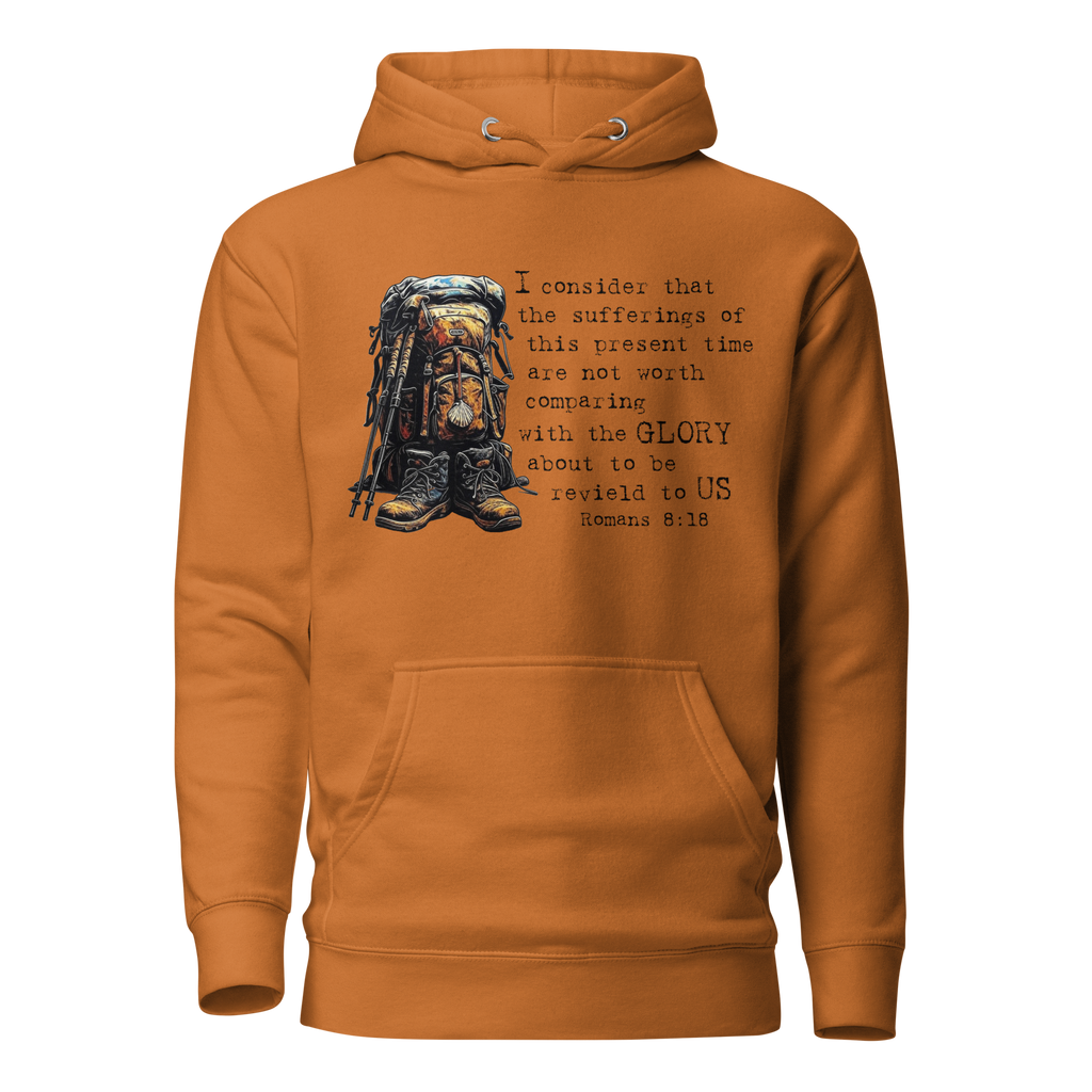 El Camino Backpacker Romans 8:18 Camino de Santiago faith hoodie in Adobe — pilgrim gift