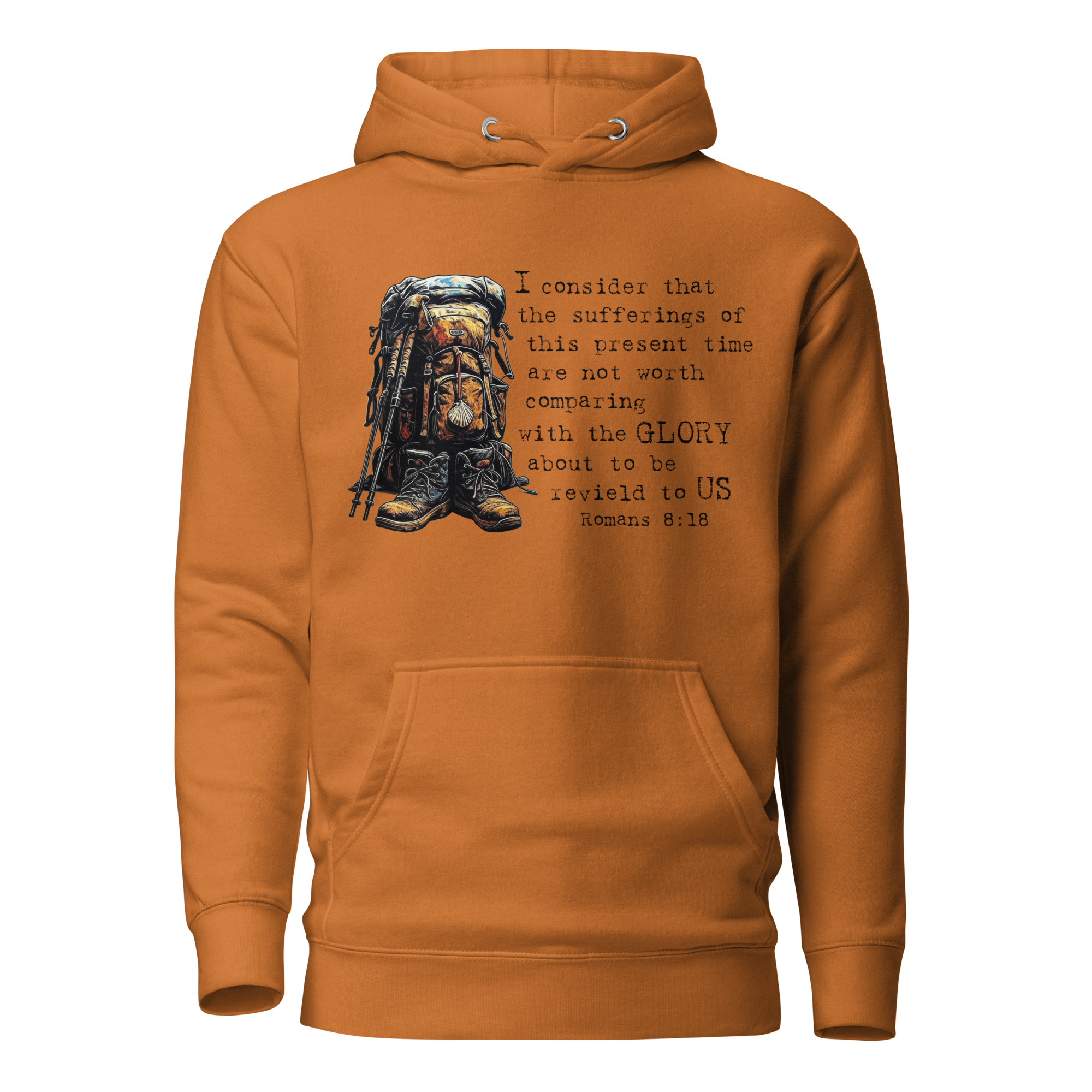 El Camino Backpacker Romans 8:18 Camino de Santiago faith hoodie in Adobe — pilgrim gift