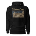 Camino de Santiago hoodie in black with El Camino Francés map and Jeremiah 6:16 scripture — pilgrim apparel