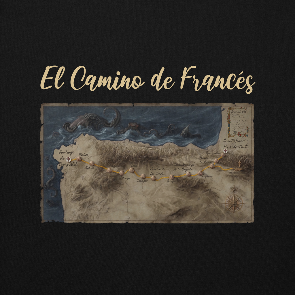 Unisex Camino de Santiago pullover hoodie in black — Jeremiah 6:16 faith-inspired pilgrim gift