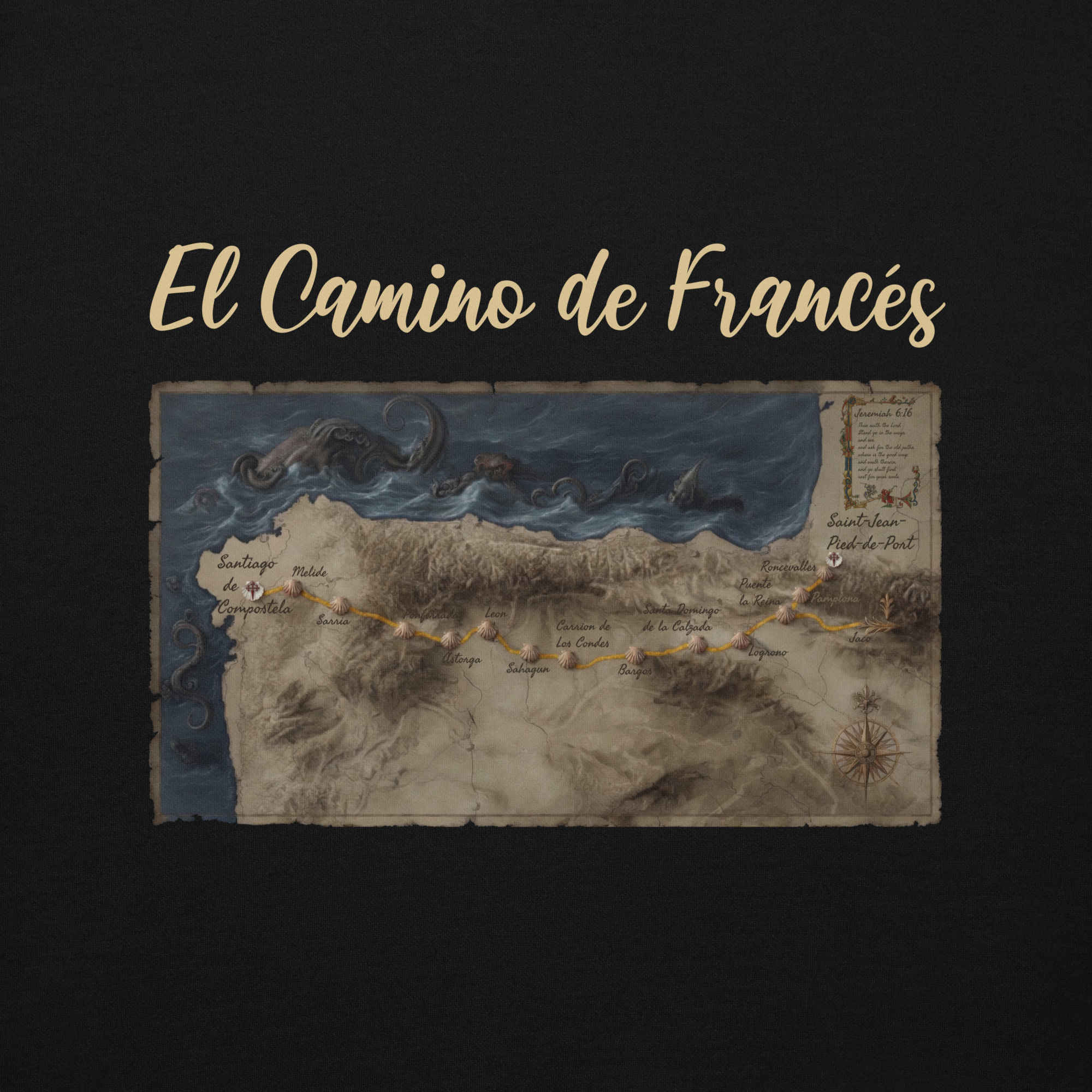 Unisex Camino de Santiago pullover hoodie in black — Jeremiah 6:16 faith-inspired pilgrim gift