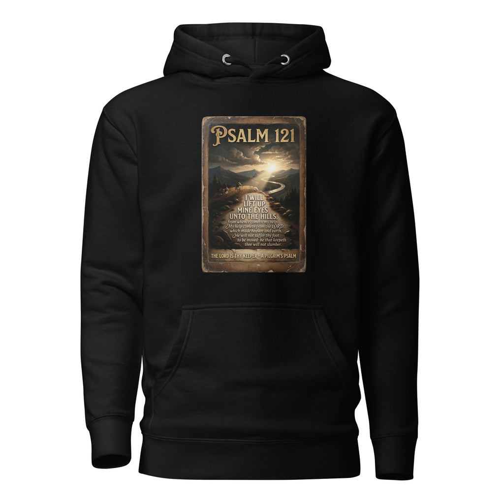 The Pilgrim's Psalm Psalm 121 Camino de Santiago faith hoodie in Black — pilgrim gift