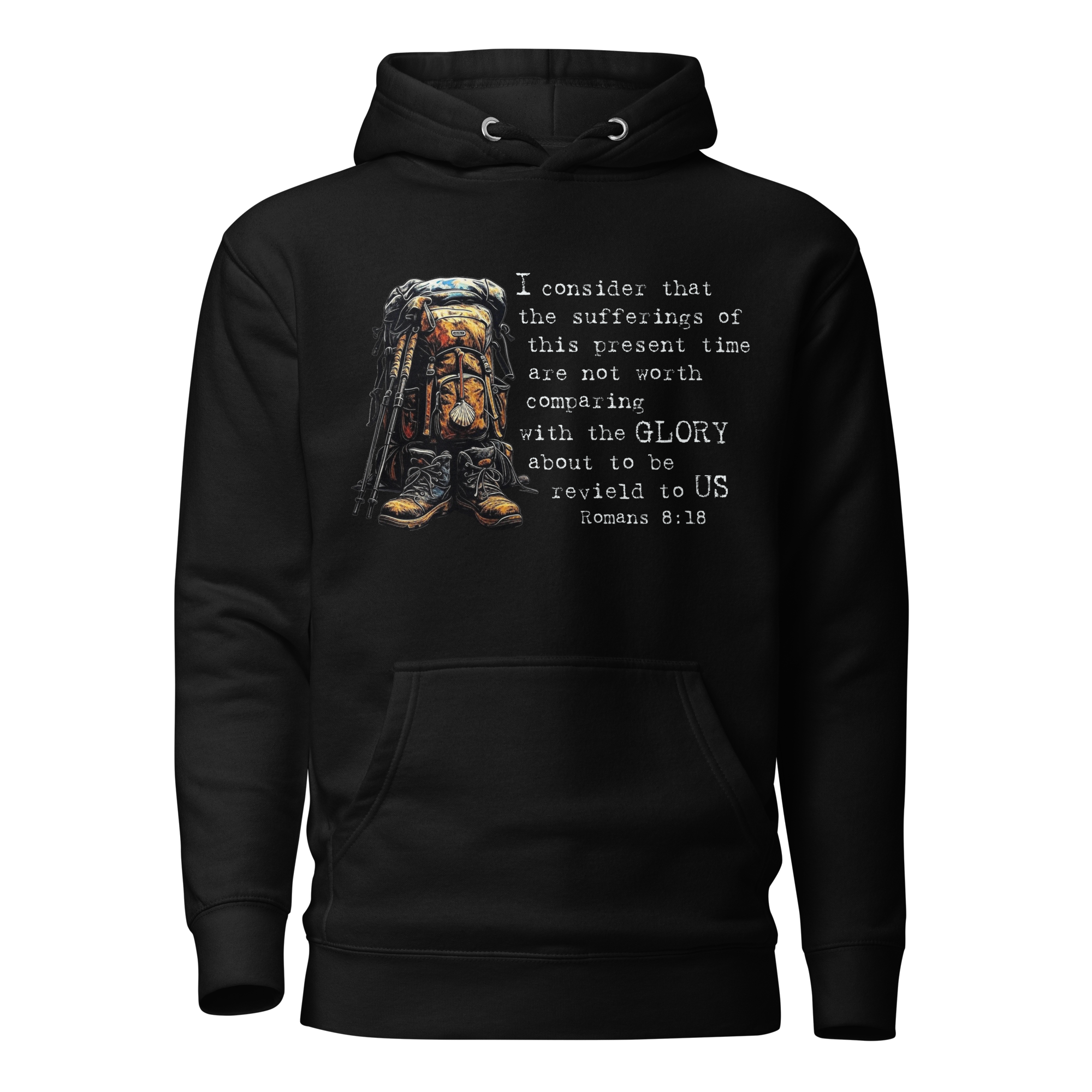 El Camino Backpacker Romans 8:18 Camino de Santiago faith hoodie in Black — pilgrim gift