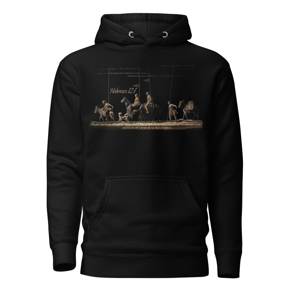 Alto del Perdón Hebrews 12:1 Camino de Santiago faith hoodie in Black — pilgrim gift