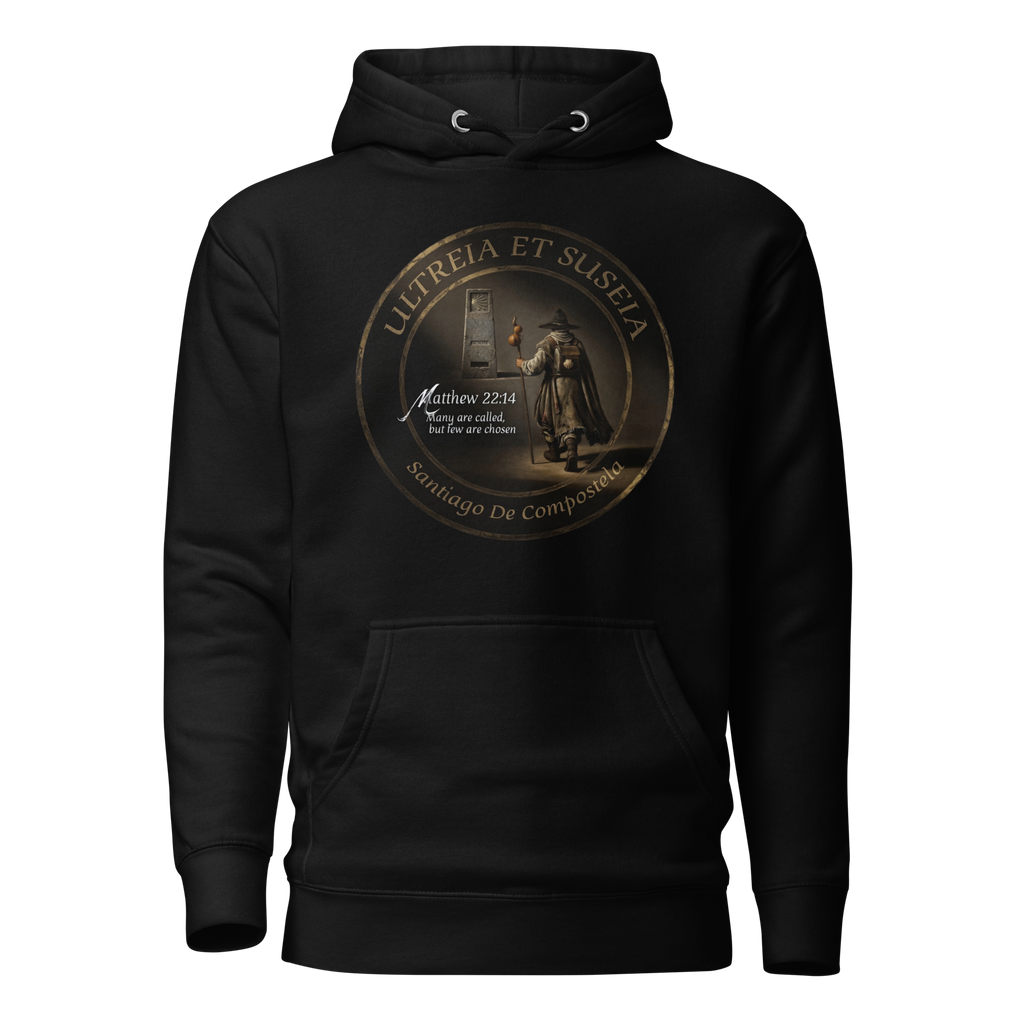 Traditional Pilgrim Matthew 22:14 Camino de Santiago faith hoodie in Black — pilgrim gift