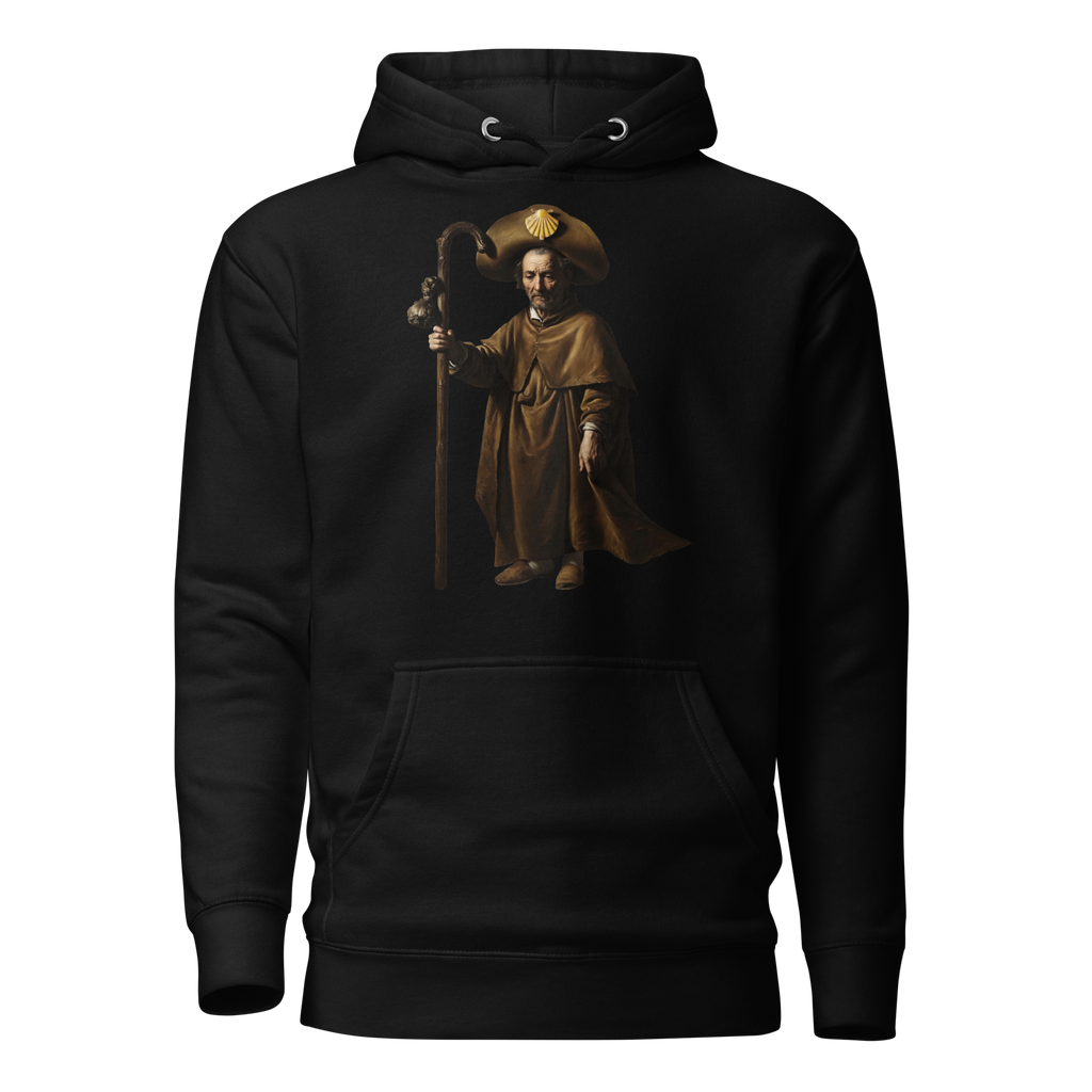 A Reverent Reflection Camino de Santiago contemplative pilgrim hoodie in Black — faith gift