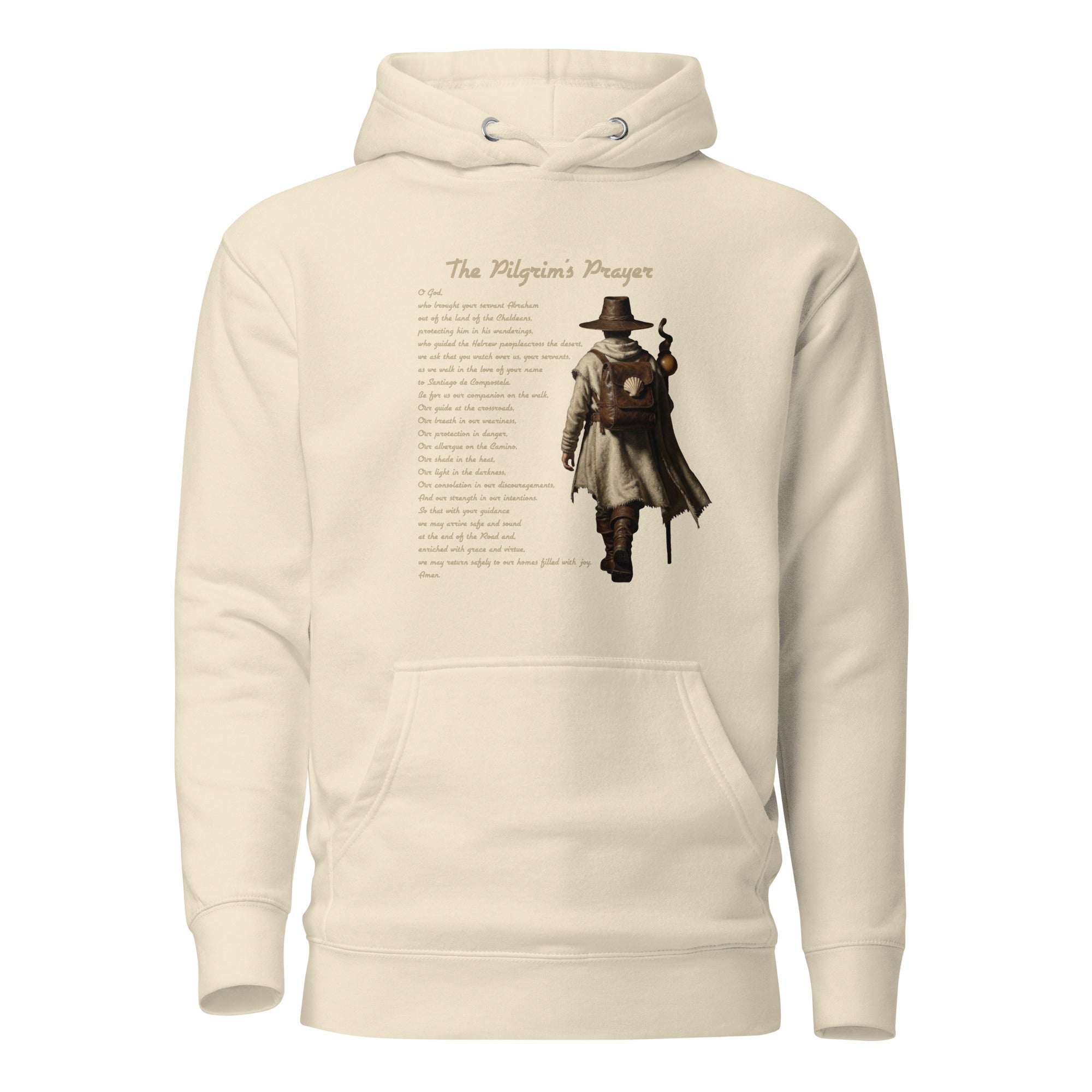 The Pilgrim's Prayer Camino de Santiago faith hoodie in Bone — pilgrim gif