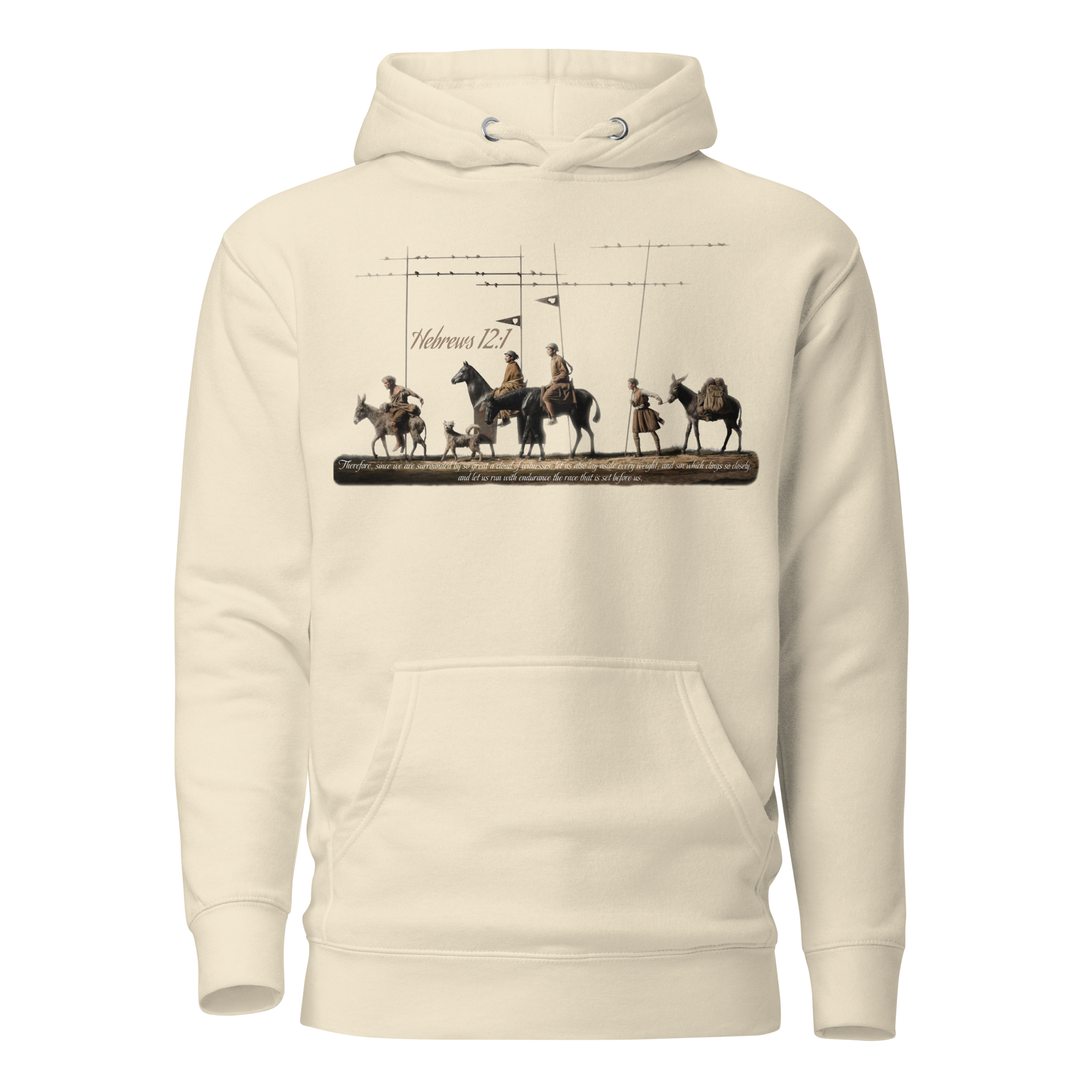 Alto del Perdón Hebrews 12:1 Camino de Santiago faith hoodie in bone — pilgrim gift