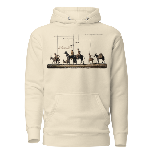 Alto del Perdón Hebrews 12:1 Camino de Santiago faith hoodie in bone — pilgrim gift