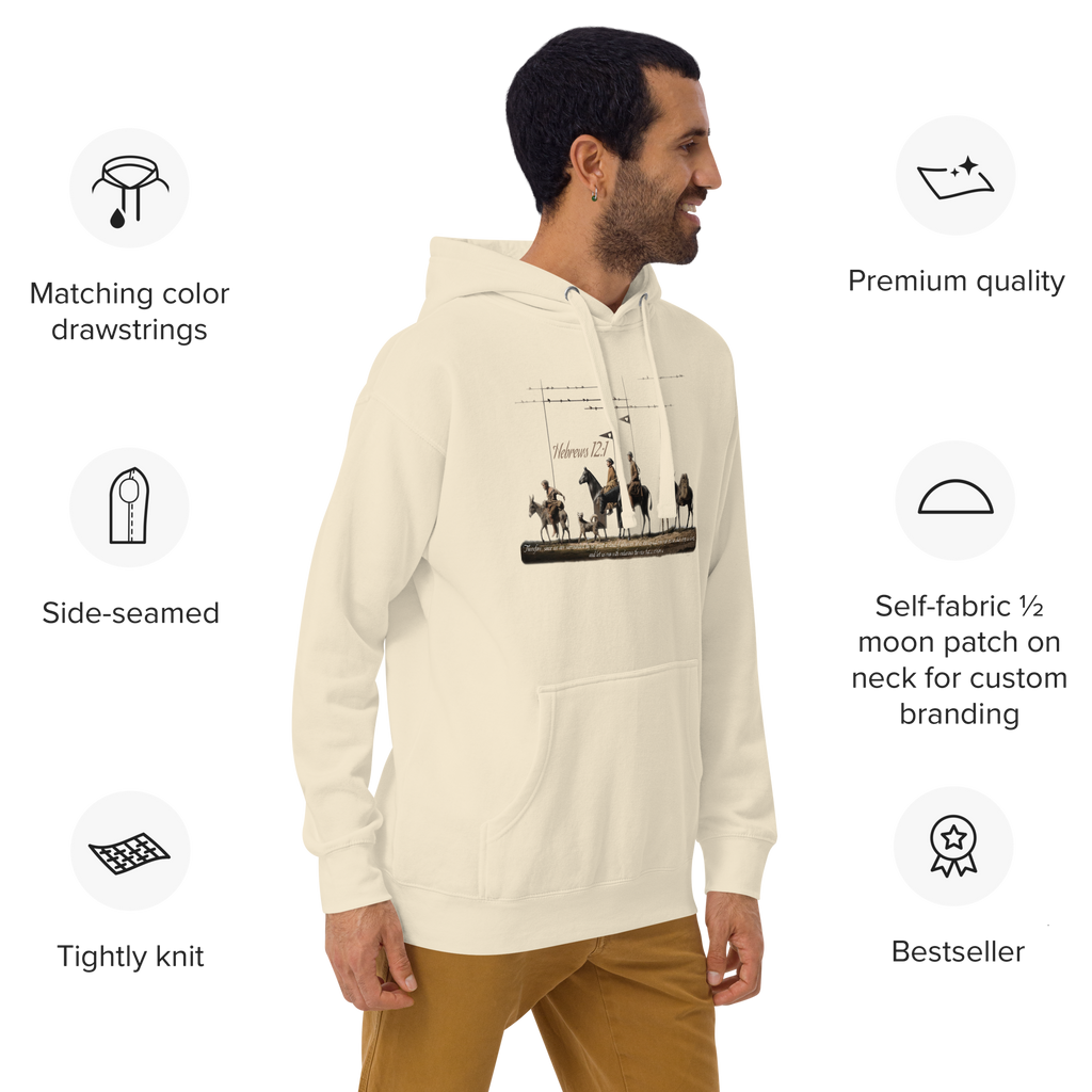 Alto del Perdón Hebrews 12:1 Camino de Santiago faith hoodie — pilgrim gift
