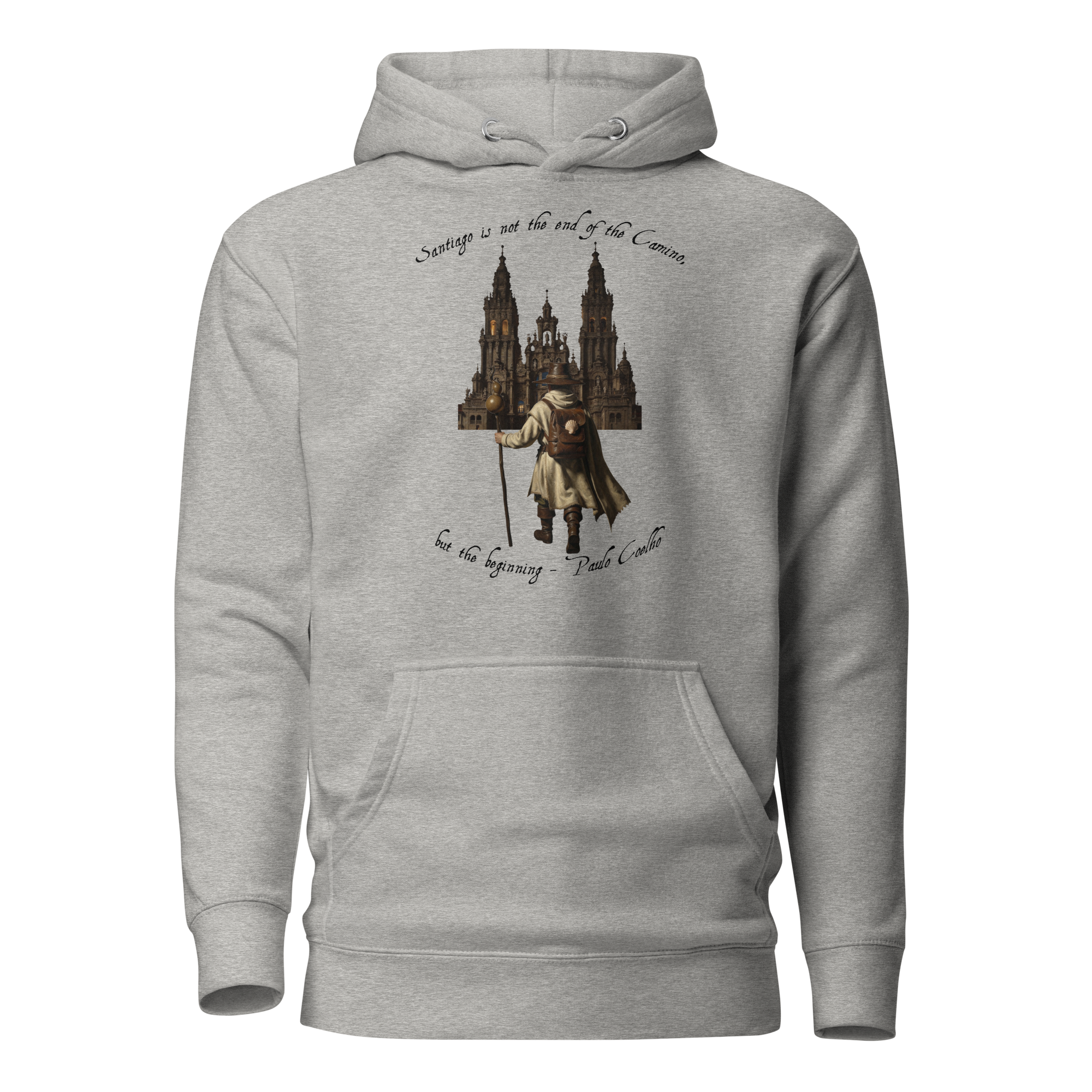 Camino de Santiago pilgrim hoodie — El Camino is Only the Beginning unisex pullover in carbon grey
