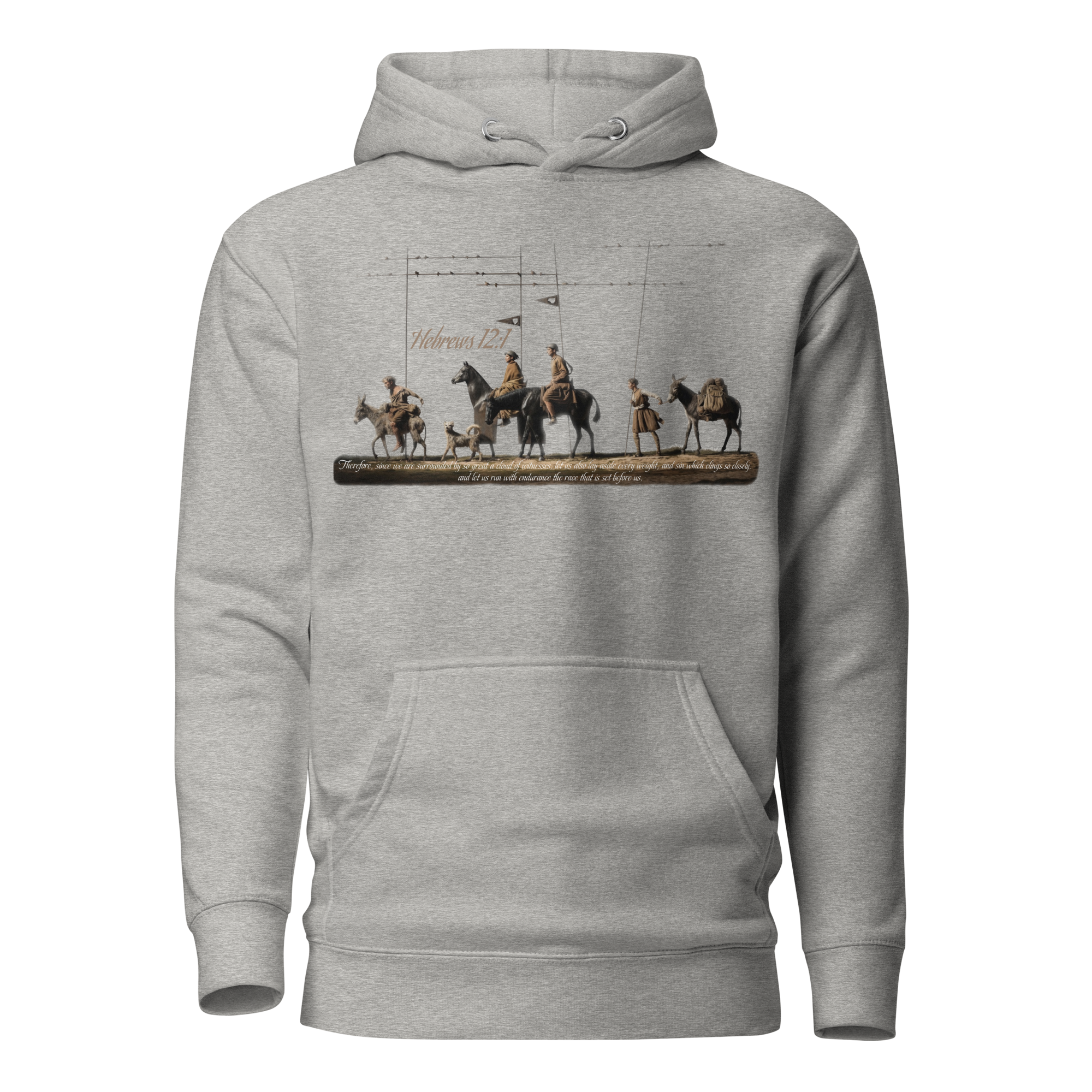 Alto del Perdón Hebrews 12:1 Camino de Santiago faith hoodie in Carbon Grey — pilgrim gift