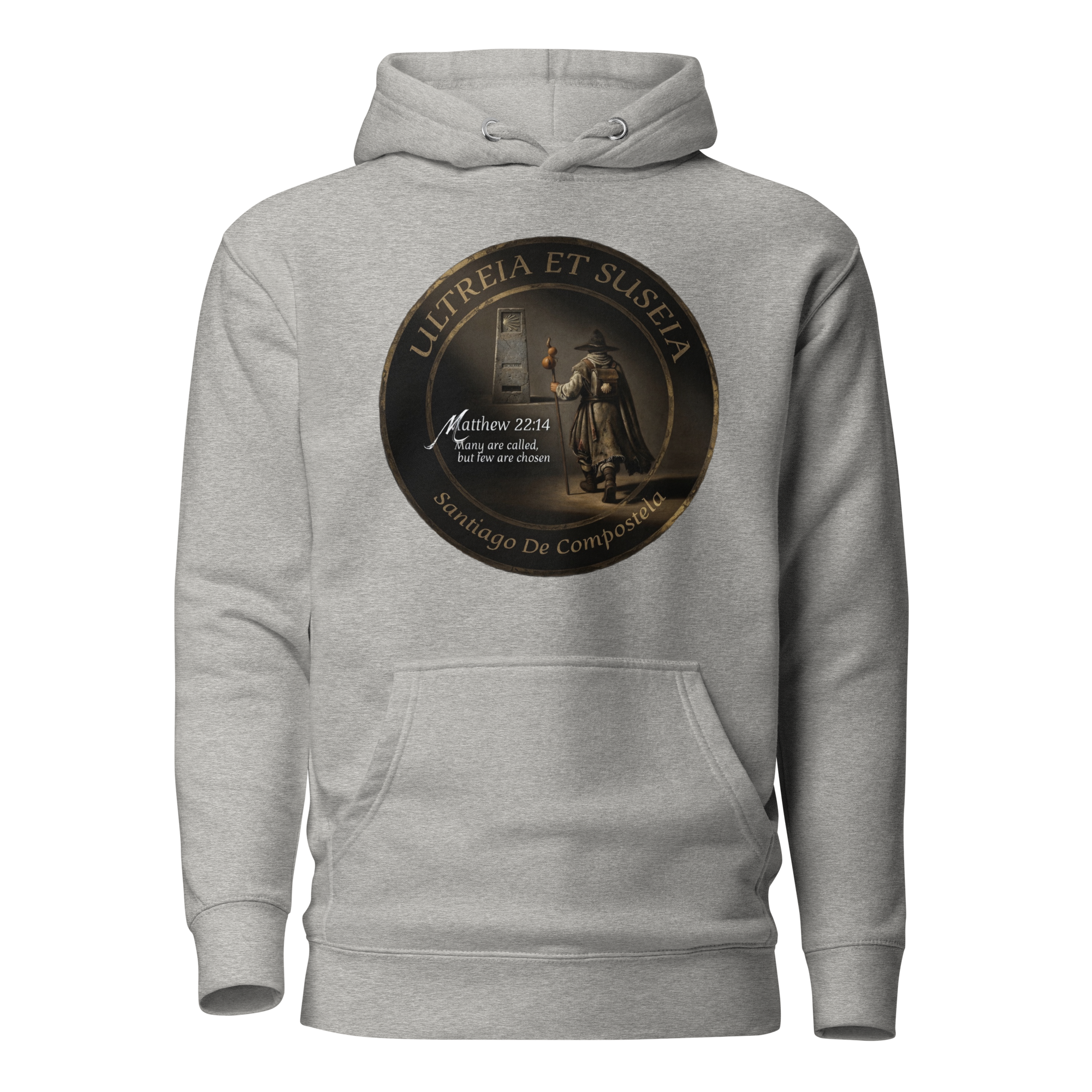 Traditional Pilgrim Matthew 22:14 Camino de Santiago faith hoodie in Carbon Grey — pilgrim gift