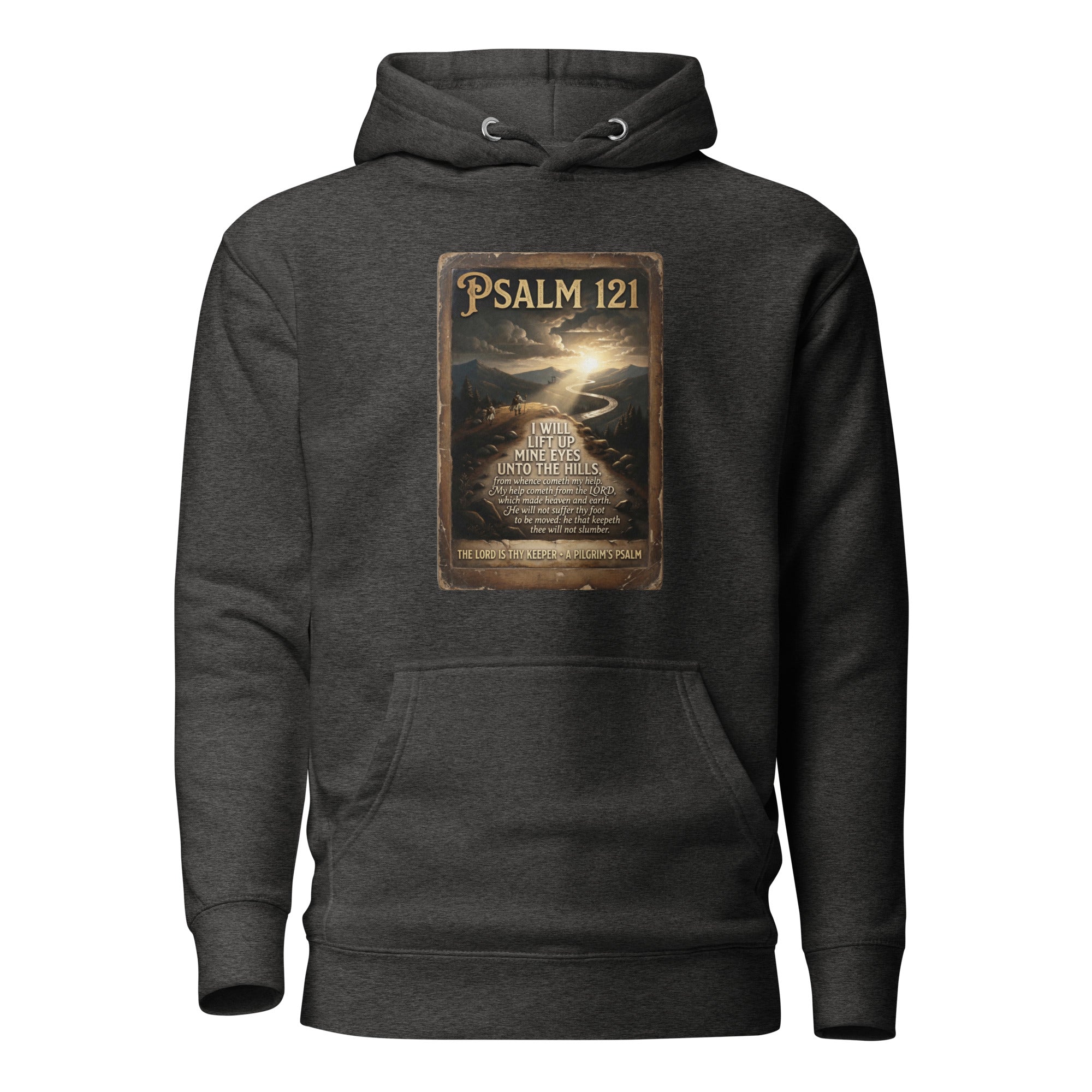 The Pilgrim's Psalm Psalm 121 Camino de Santiago faith hoodie in charcoal heather — pilgrim gift