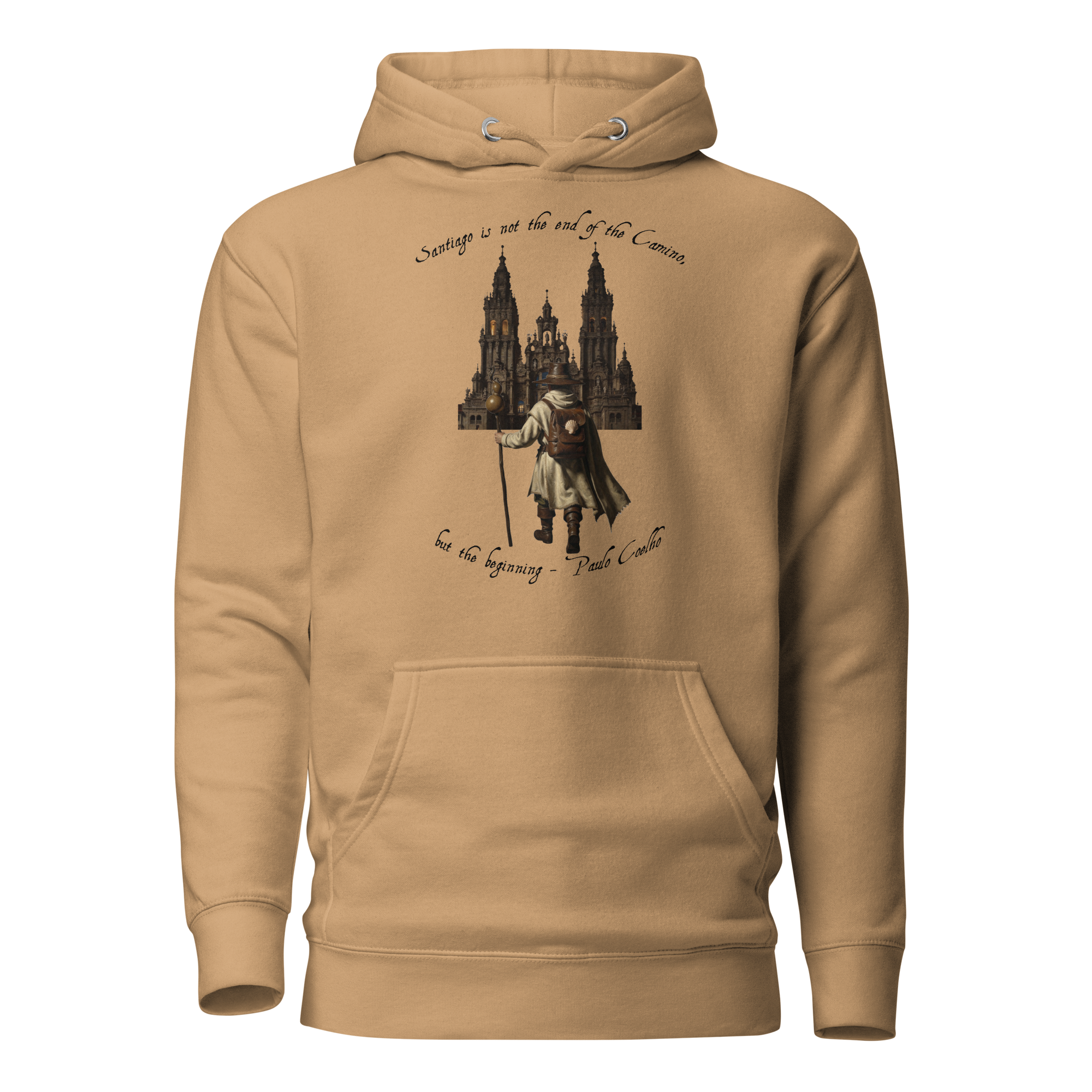 Camino de Santiago pilgrim hoodie — El Camino is Only the Beginning unisex pullover in khaki