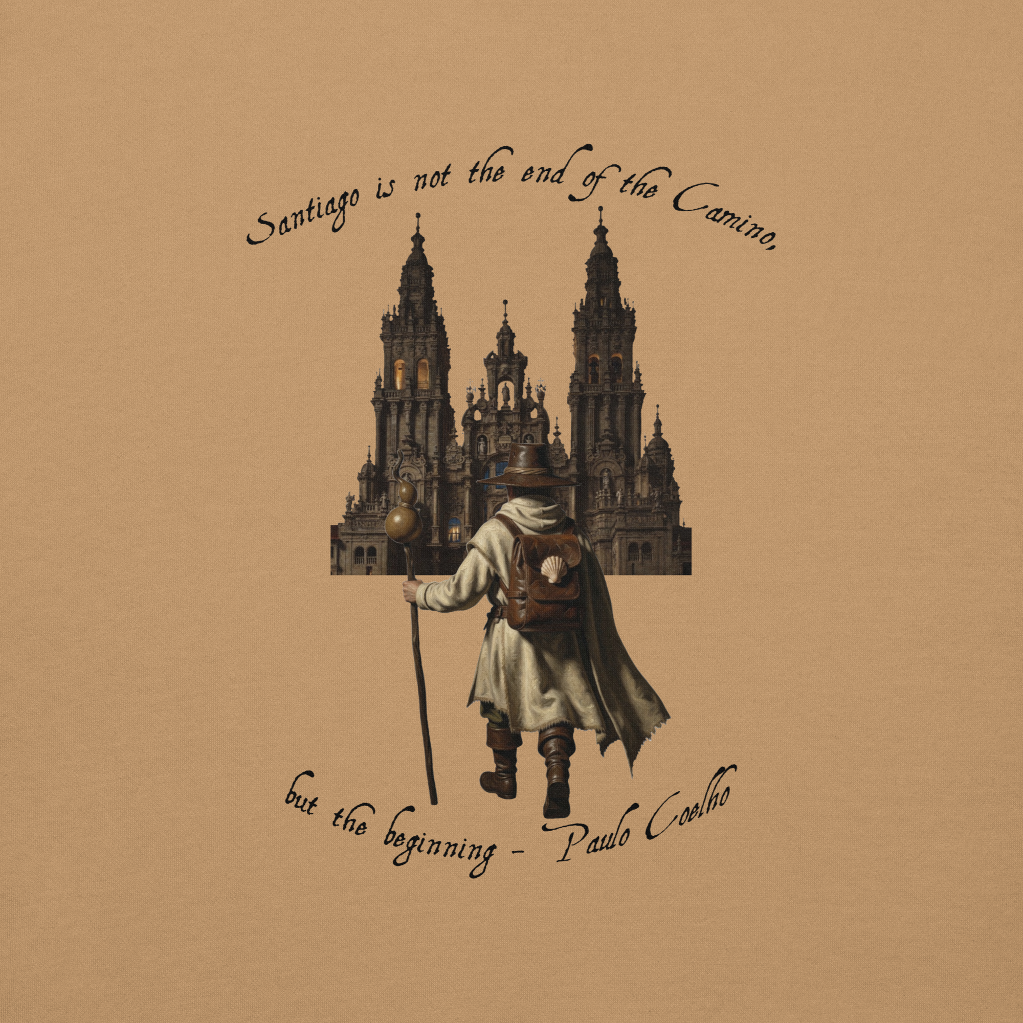 Camino de Santiago pilgrim hoodie — El Camino is Only the Beginning unisex pullover in khaki
