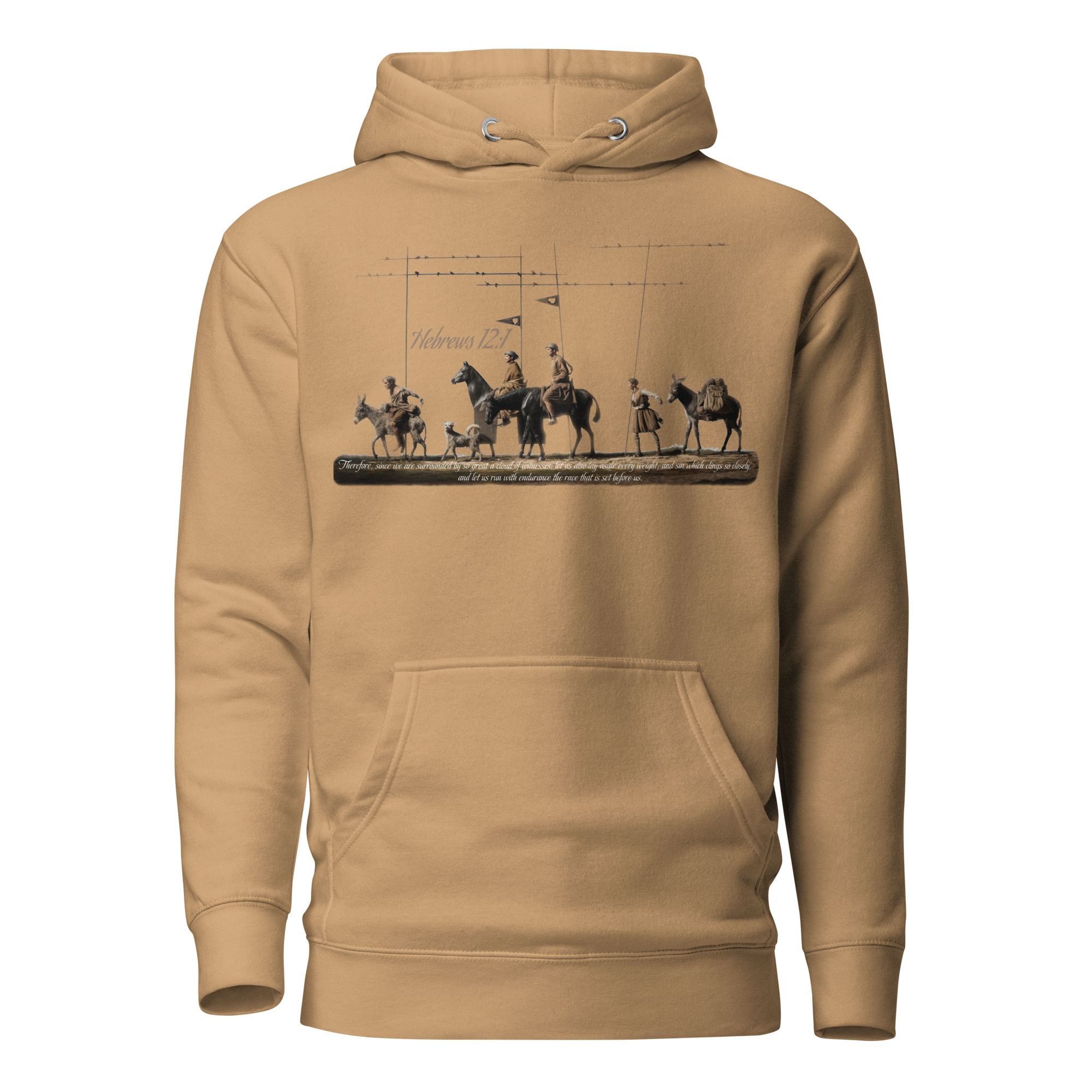 Alto del Perdón Hebrews 12:1 Camino de Santiago faith hoodie in Khaki — pilgrim gift