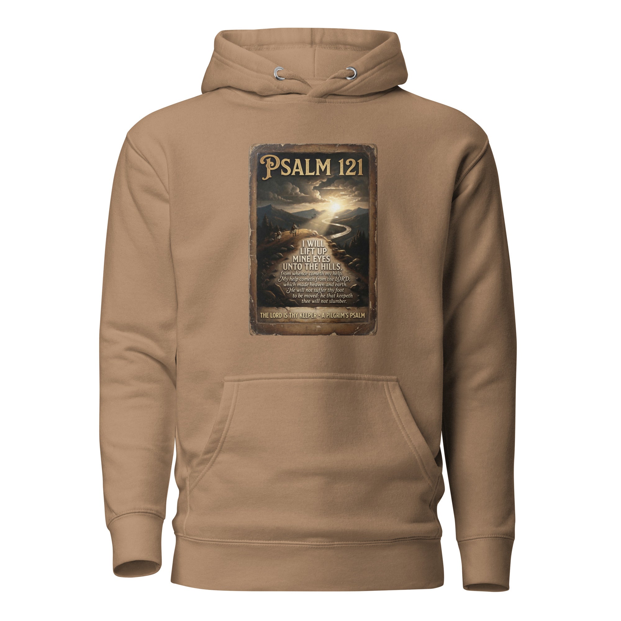 The Pilgrim's Psalm Psalm 121 Camino de Santiago faith hoodie in latte — pilgrim gift