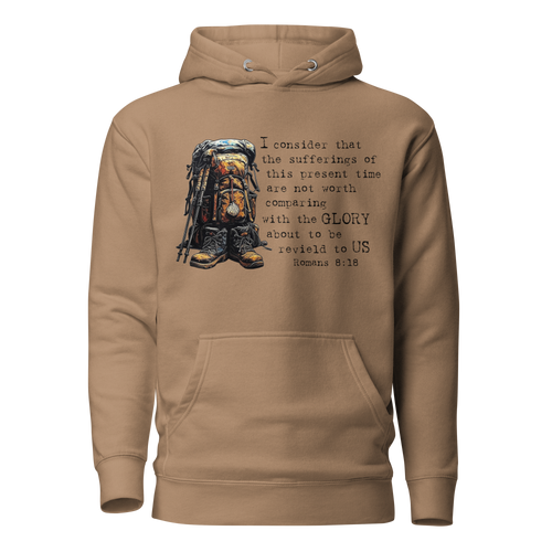 El Camino Backpacker Romans 8:18 Camino de Santiago faith hoodie in latte — pilgrim gift