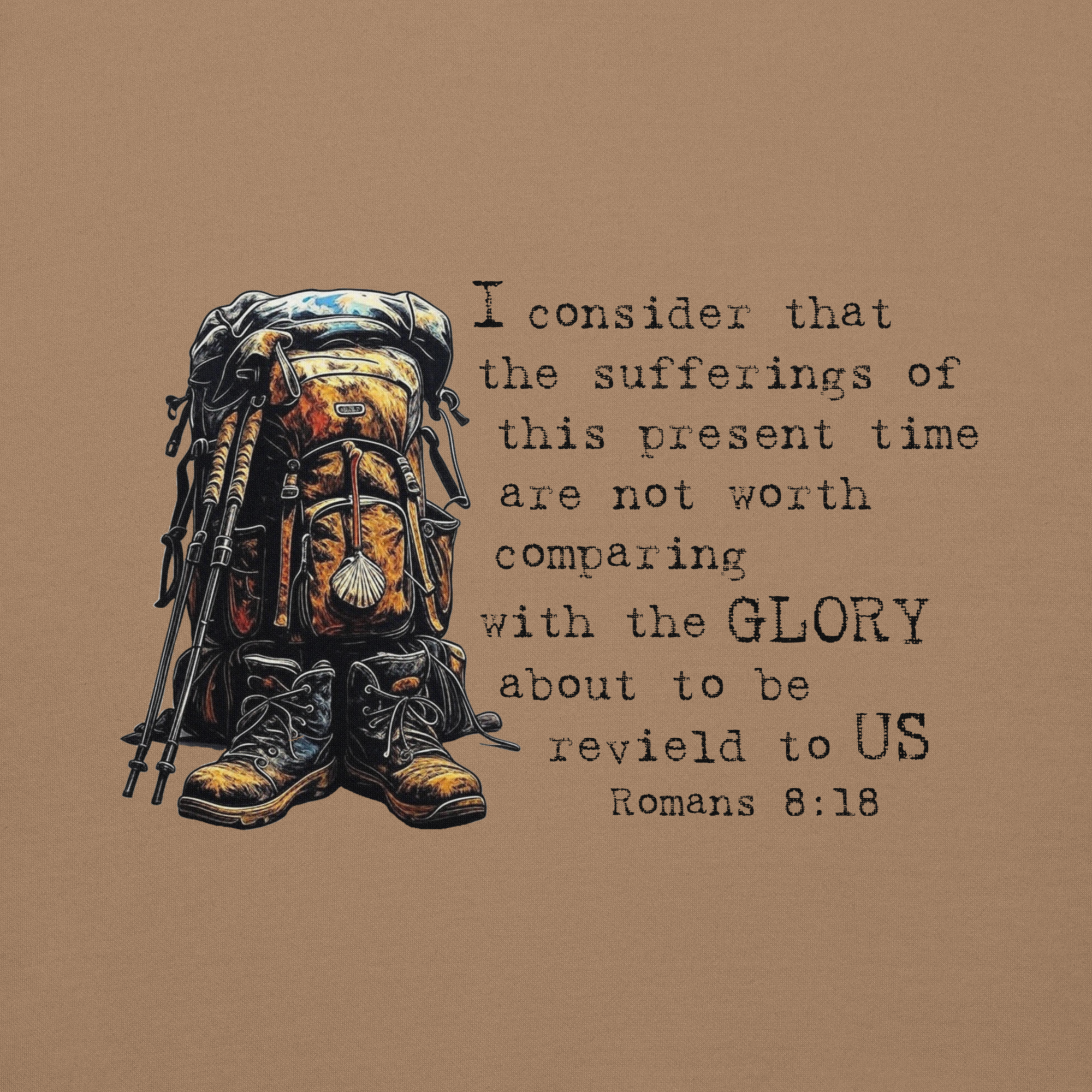 Product mockupEl Camino Backpacker Romans 8:18 Camino de Santiago faith hoodie in latte— pilgrim gift