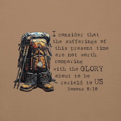 Product mockupEl Camino Backpacker Romans 8:18 Camino de Santiago faith hoodie in latte— pilgrim gift
