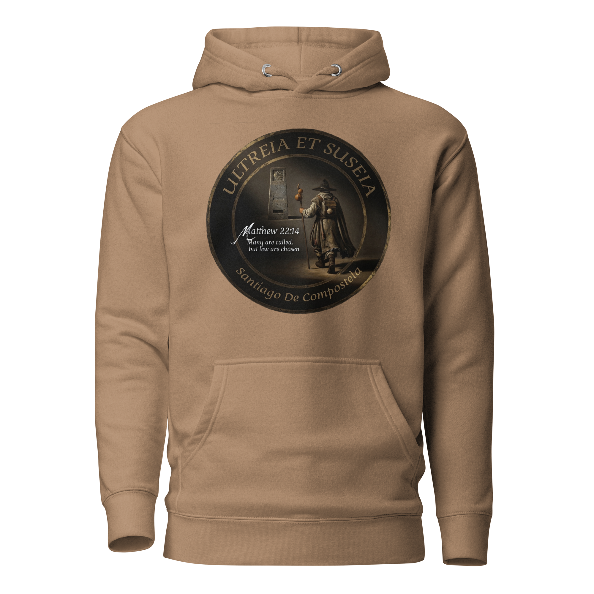 Traditional Pilgrim Matthew 22:14 Camino de Santiago faith hoodie in Latte — pilgrim gift