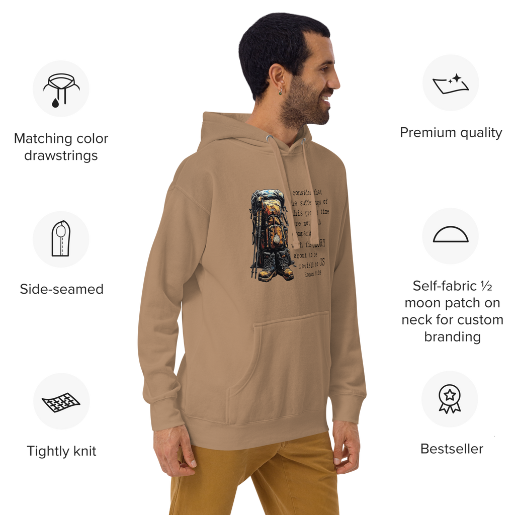 El Camino Backpacker Romans 8:18 Camino de Santiago faith hoodie — pilgrim gift