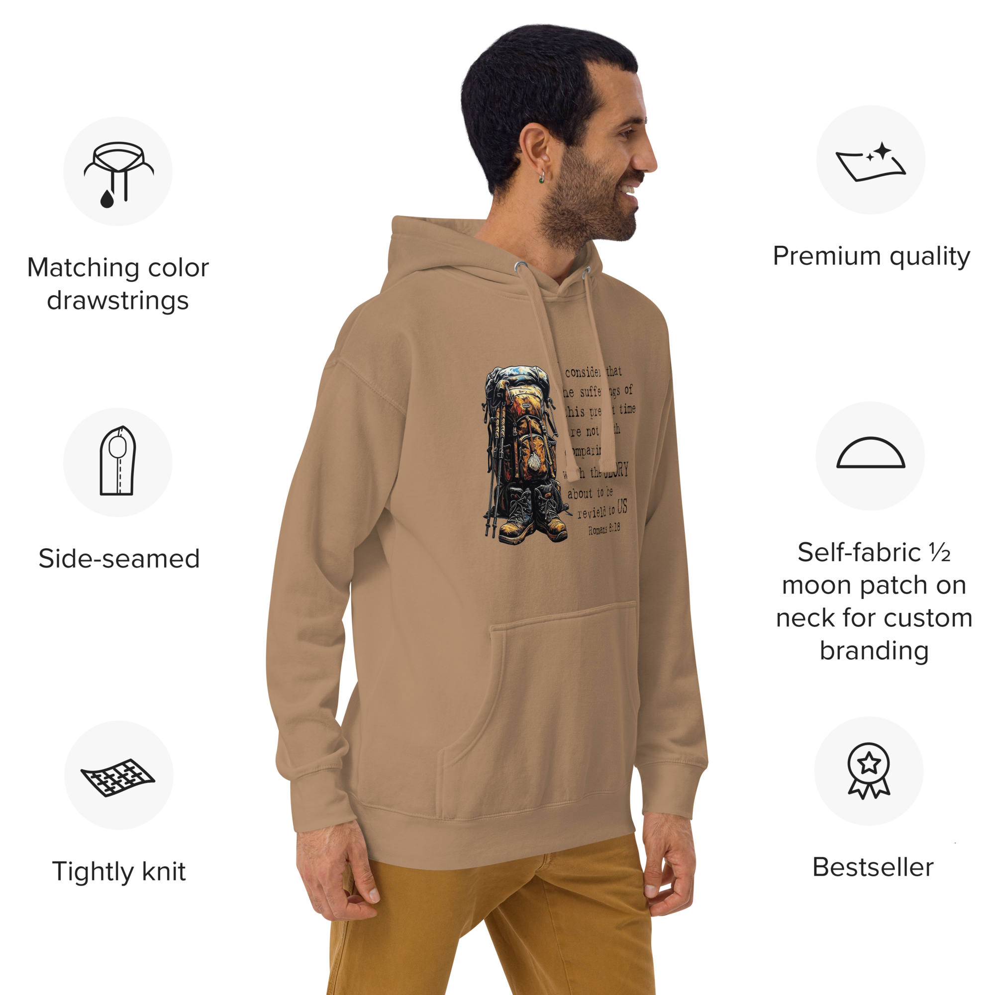 El Camino Backpacker Romans 8:18 Camino de Santiago faith hoodie — pilgrim gift