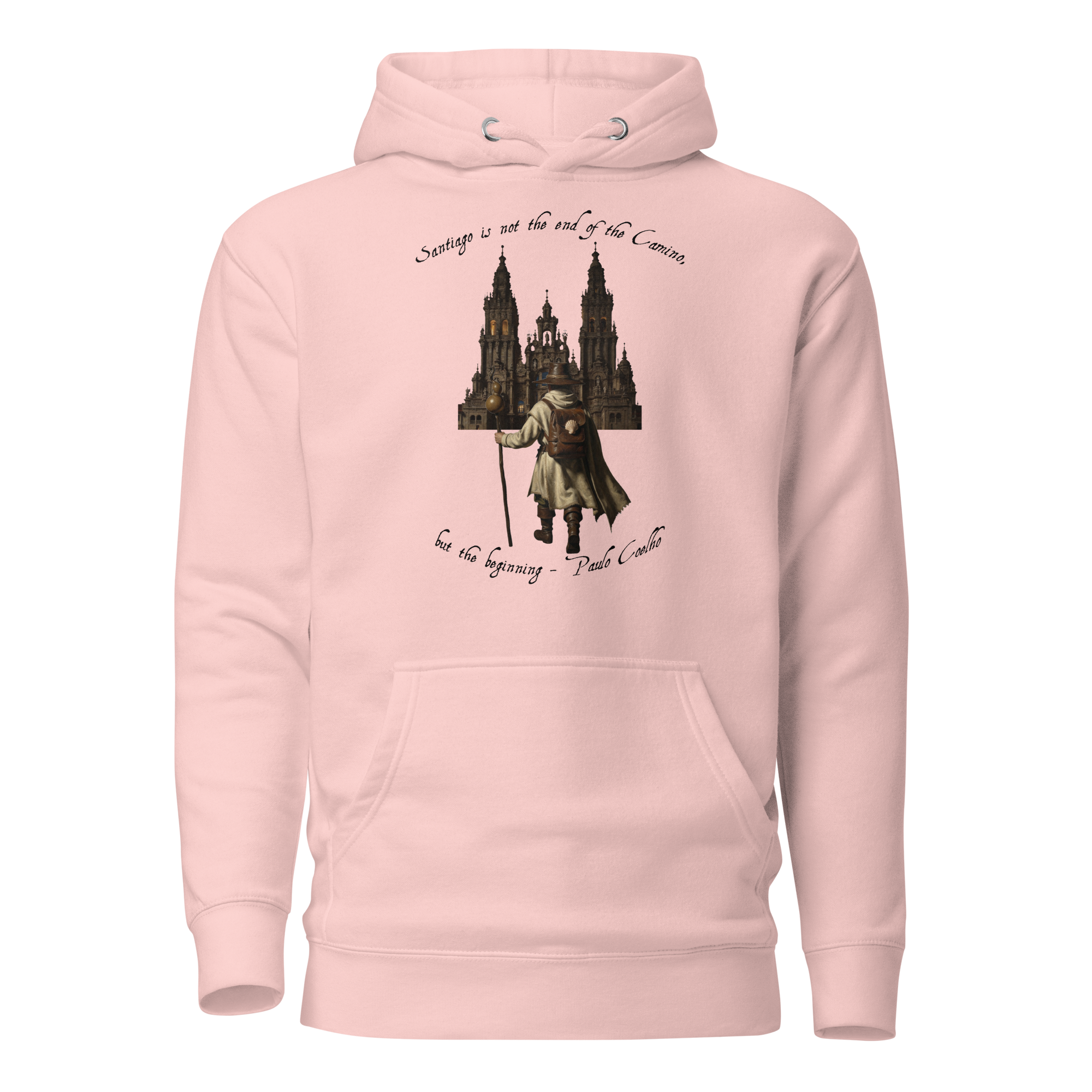 Camino de Santiago pilgrim hoodie — El Camino is Only the Beginning unisex pullover in light pink