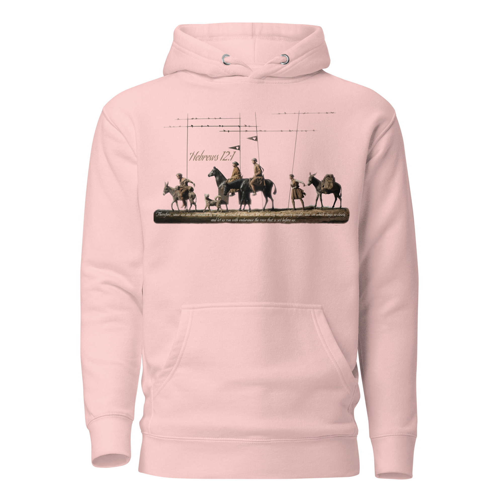 Alto del Perdón Hebrews 12:1 Camino de Santiago faith hoodie in Light Pink — pilgrim gift