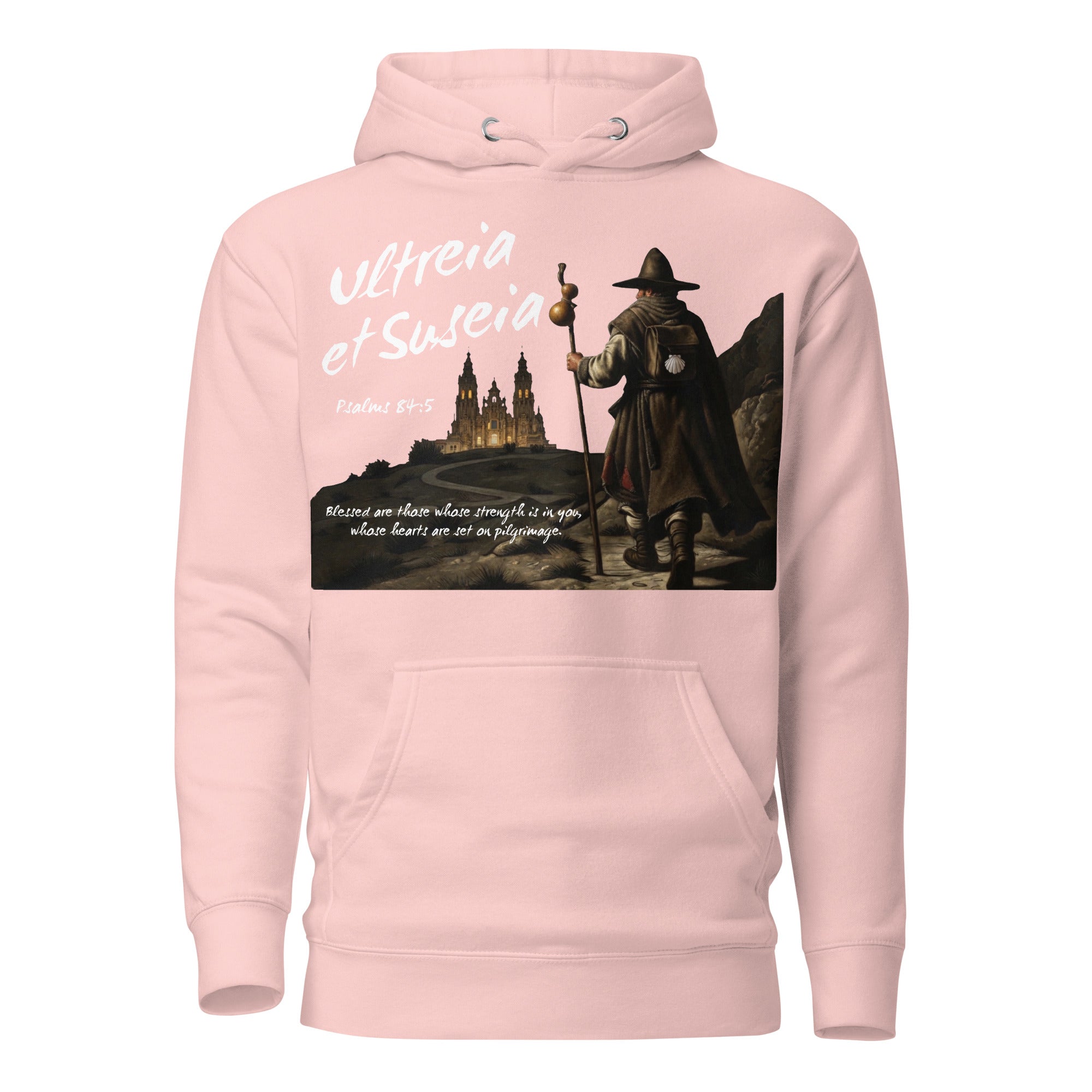 Ultreia et Suseia Psalm 84:5 Camino de Santiago pilgrim arrival hoodie in Light Pink — faith gift
