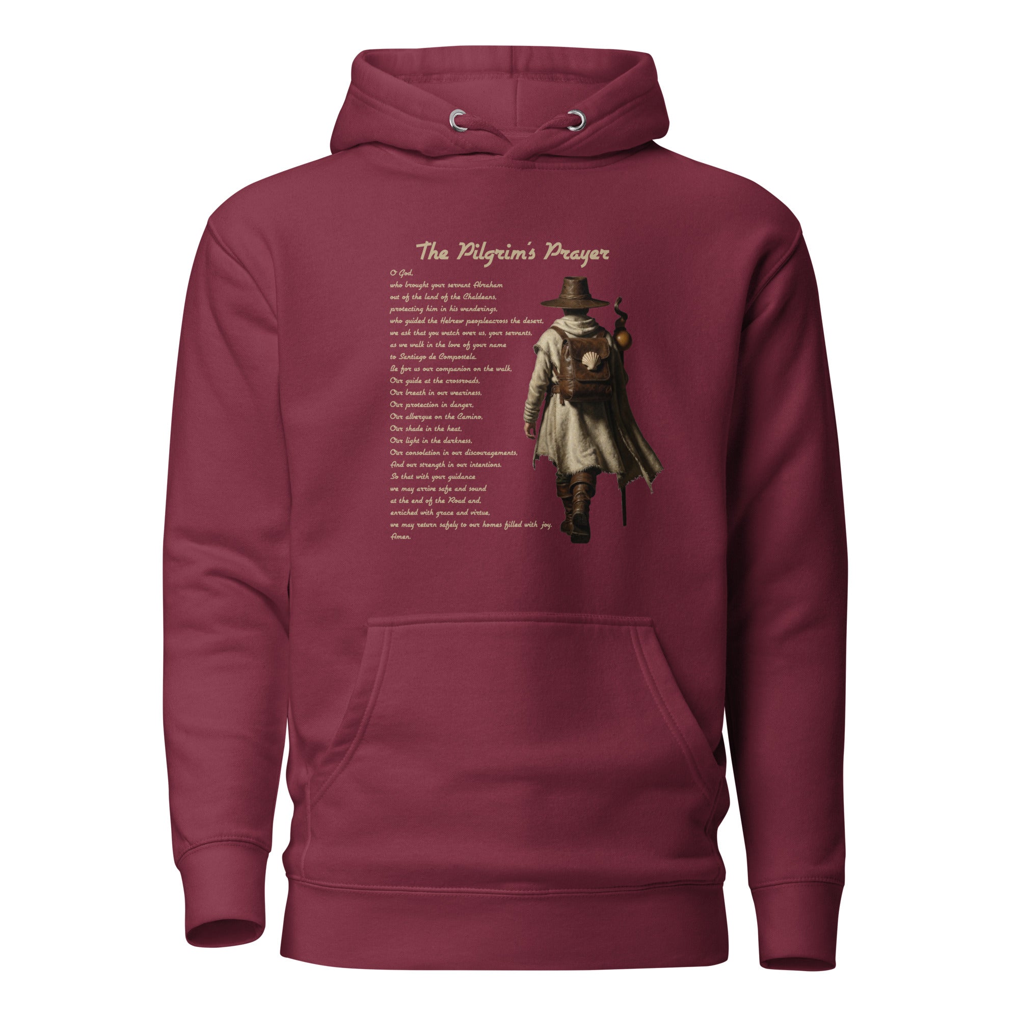 The Pilgrim's Prayer Camino de Santiago faith hoodie in Maroon — pilgrim gif