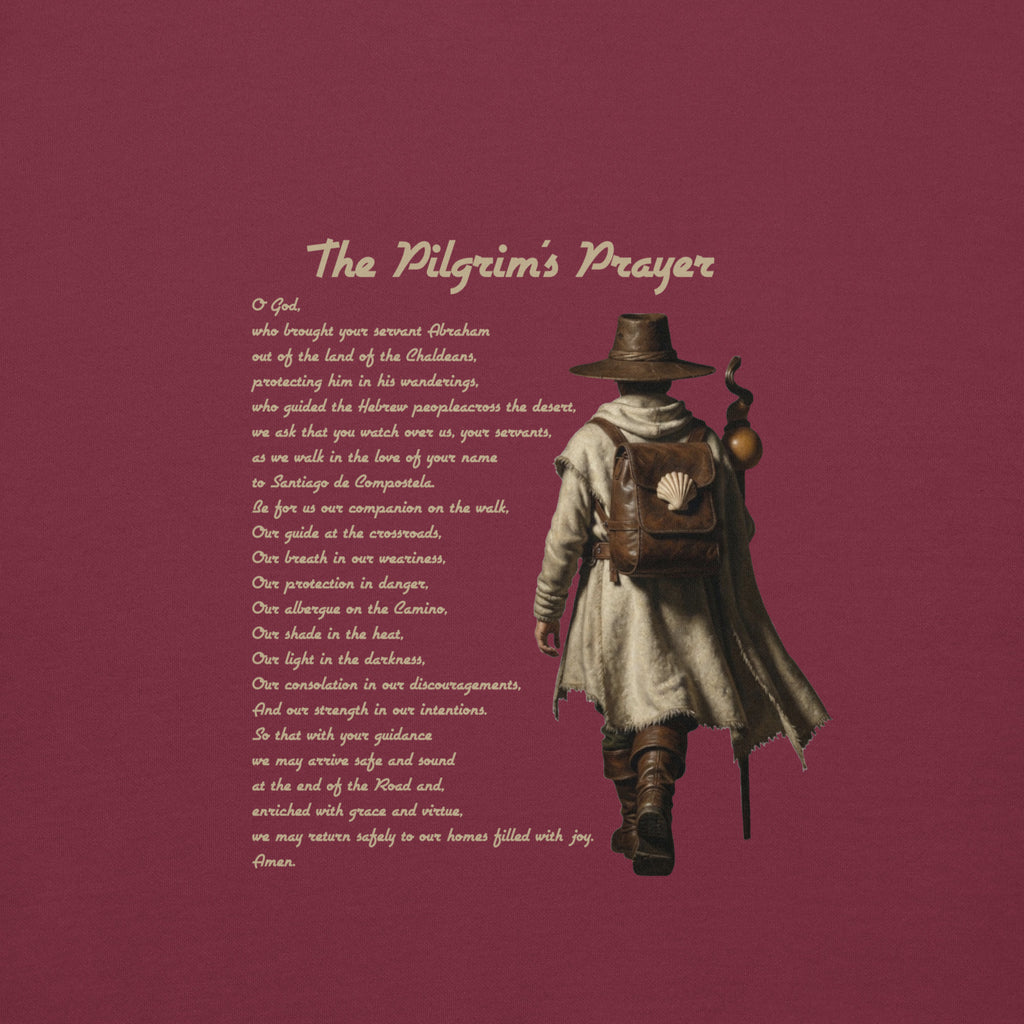 The Pilgrim's Prayer Camino de Santiago faith hoodie in Maroon  — pilgrim gif
