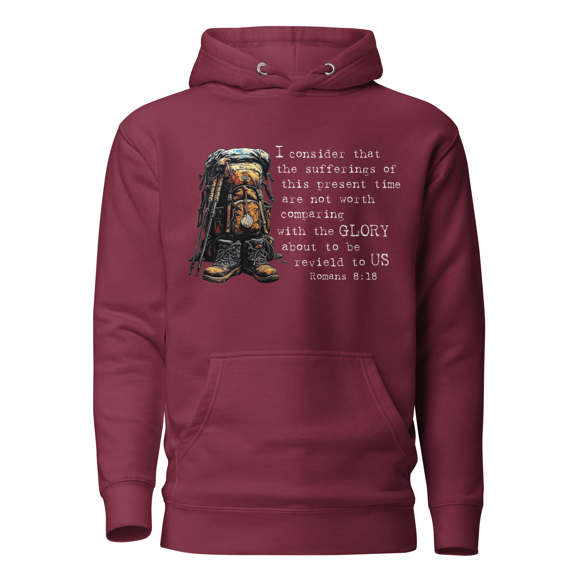 El Camino Backpacker Romans 8:18 Camino de Santiago faith hoodie in Maroon — pilgrim gift