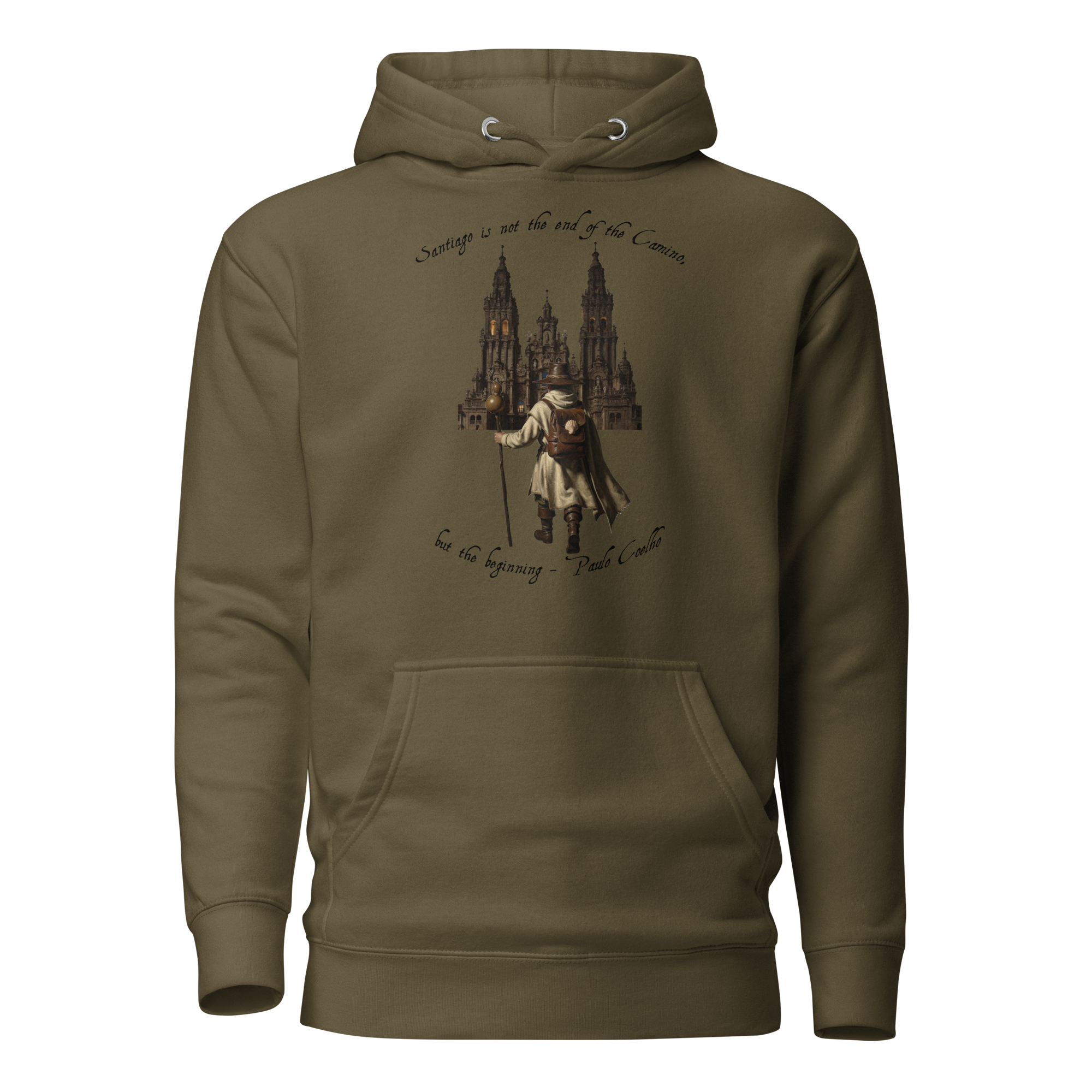 Camino de Santiago pilgrim hoodie — El Camino is Only the Beginning unisex pullover in military green