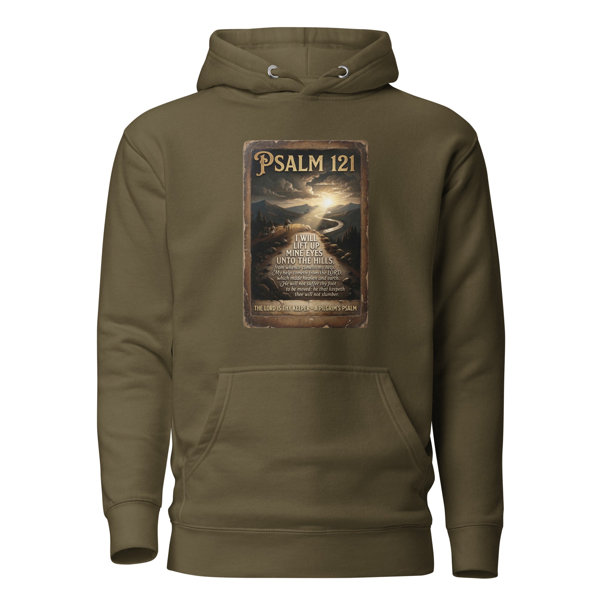 The Pilgrim's Psalm Psalm 121 Camino de Santiago faith hoodie in military green— pilgrim gift
