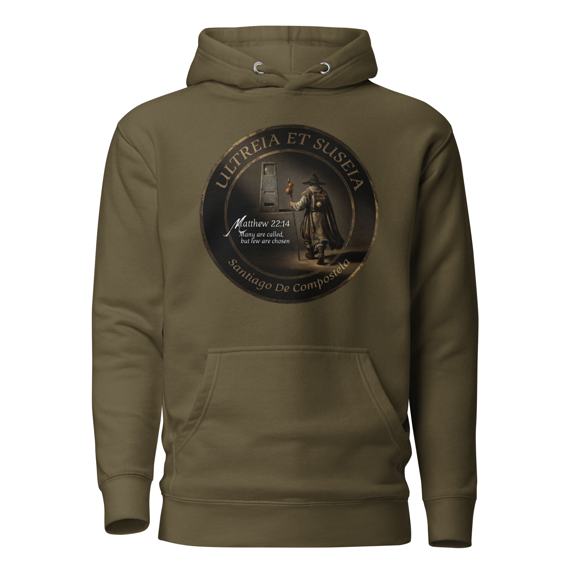Traditional Pilgrim Matthew 22:14 Camino de Santiago faith hoodie in Military Green — pilgrim gift