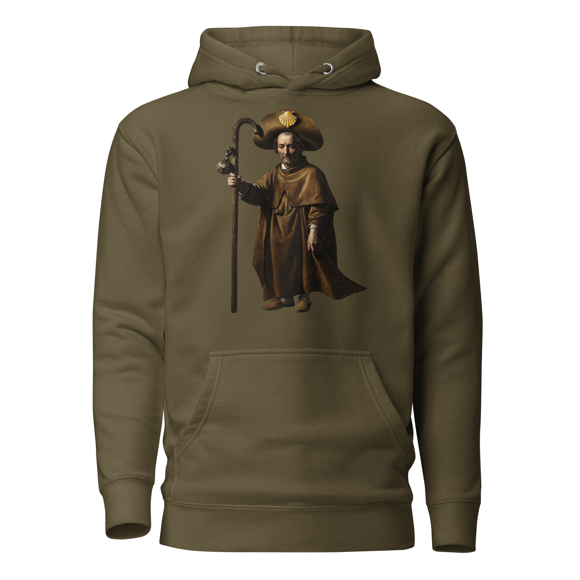 A Reverent Reflection Camino de Santiago contemplative pilgrim hoodie in Military Green — faith gift