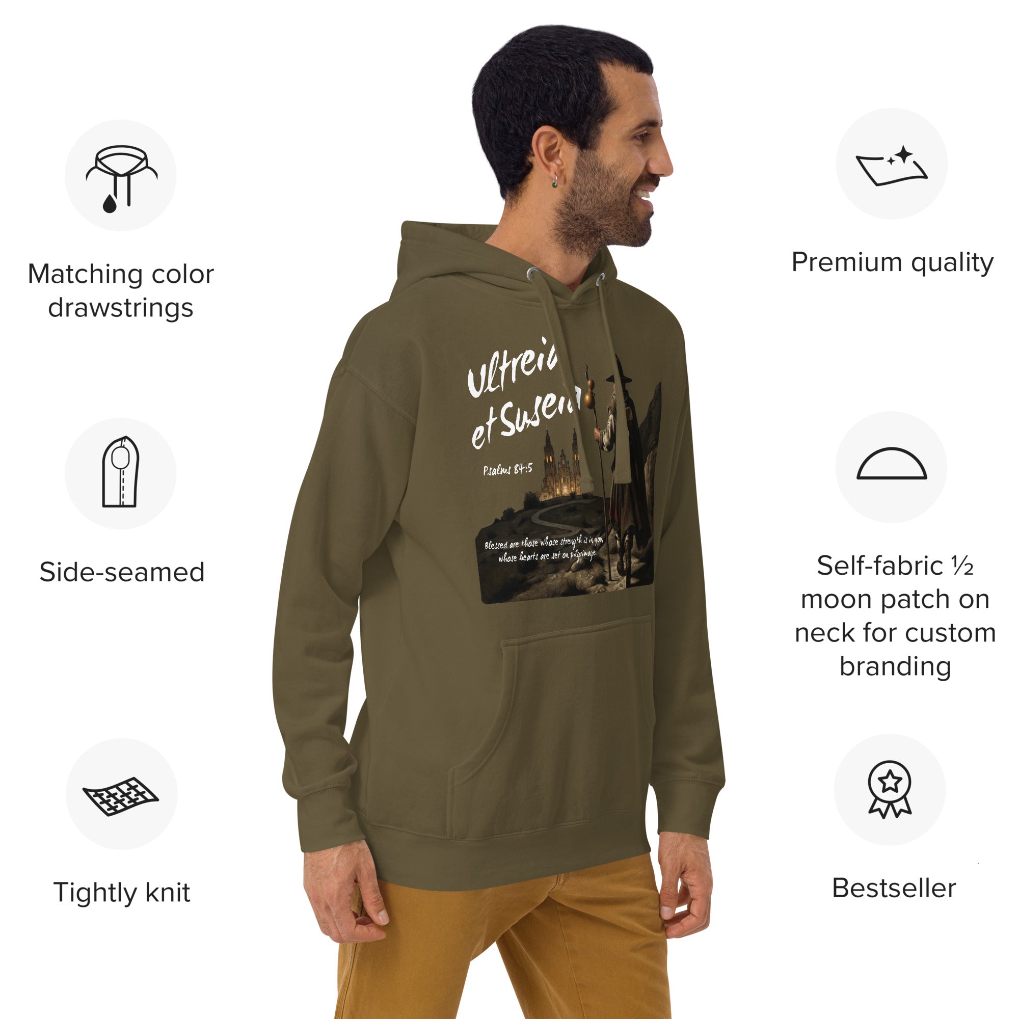 Ultreia et Suseia Psalm 84:5 Camino de Santiago pilgrim arrival hoodie — faith gift