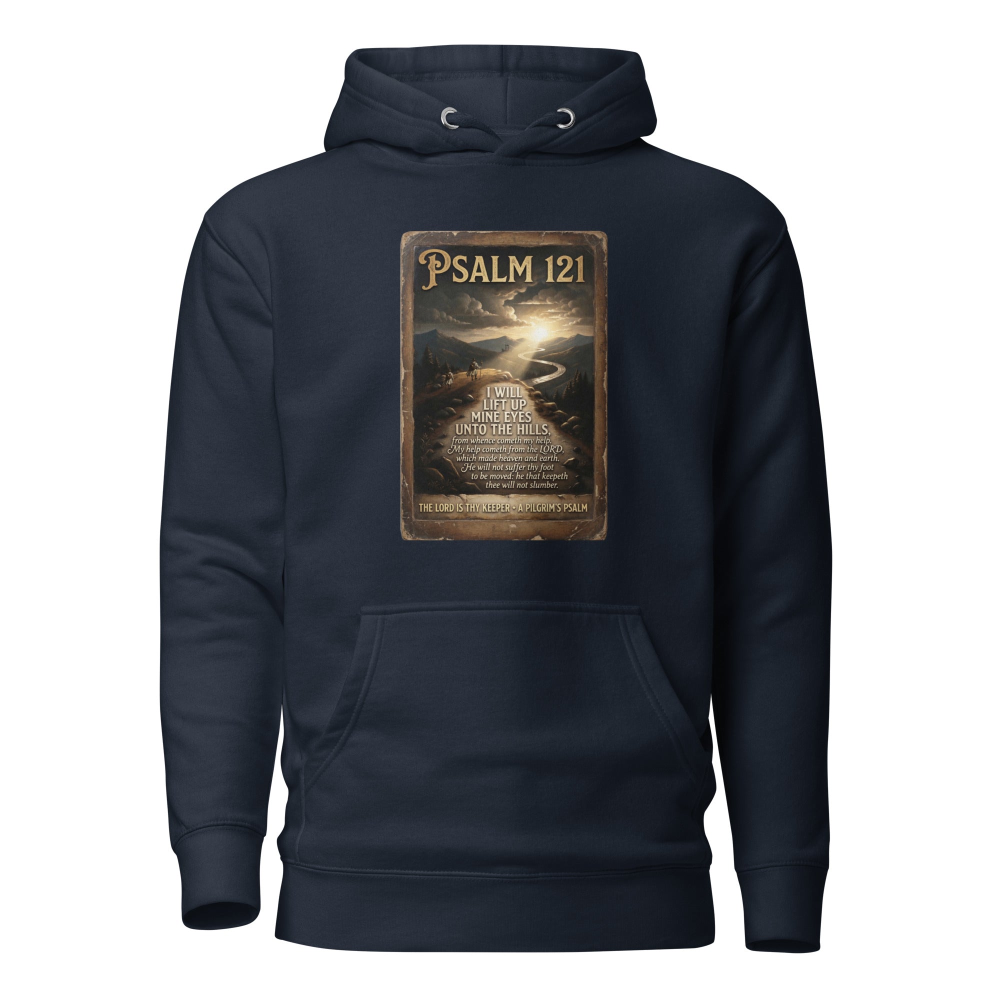 The Pilgrim's Psalm Psalm 121 Camino de Santiago faith hoodie in navy blue— pilgrim gift